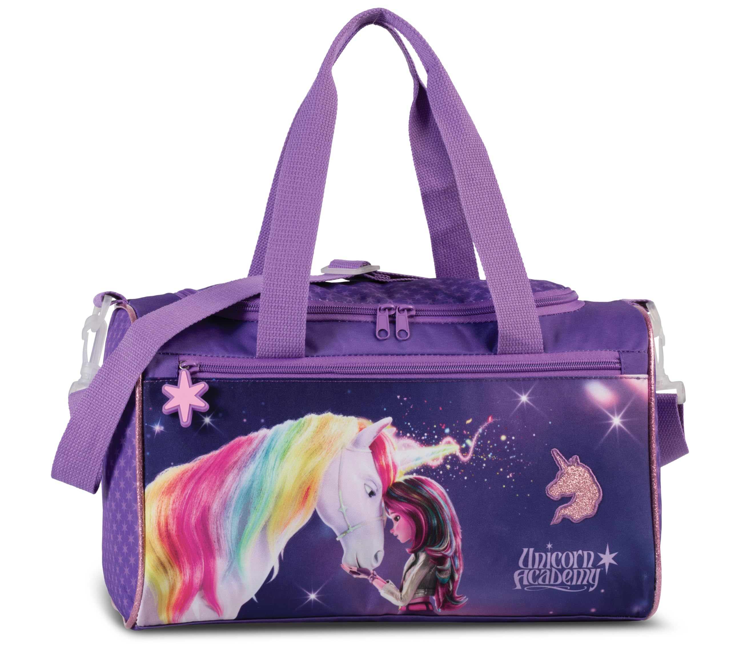 Unicorn Academy Borsa sportiva da bambina, 12 l, con scomparto principale con cerniera e tasca anteriore, tracolla regolabile e 2 manici, design unicorno viola, 22 x 36 x 19 cm, 320 g, borsa leggera