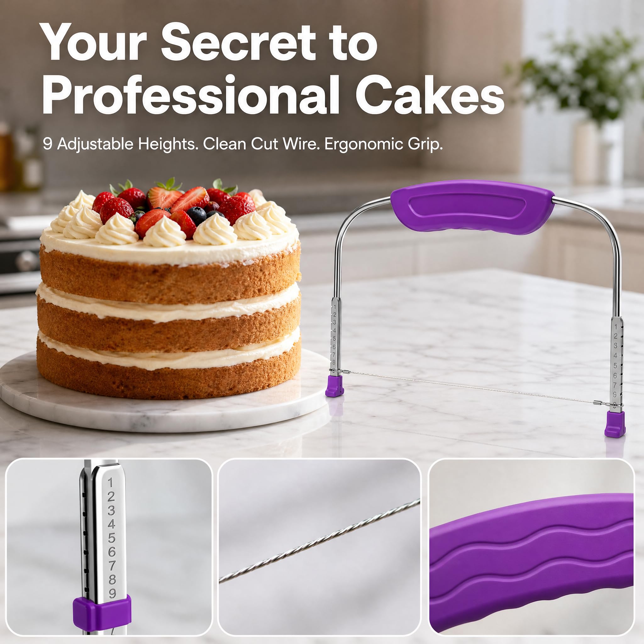 QIANSSE Professional Cake Cutter Slicer & Leveller Tool | 10in Adjustable Wire L