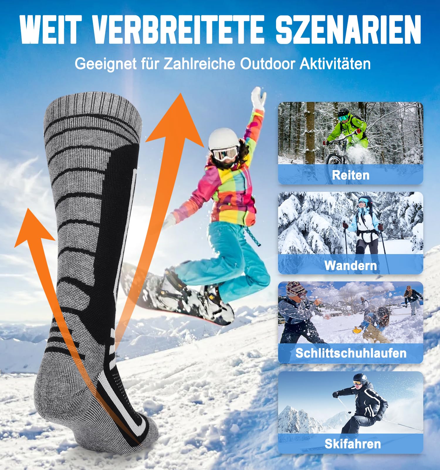 LUROON Chaussette de Ski en Laine Mérinos pour Homme, 2 Paires Longues Thermique Chaussettes Hautes Chaussette Chauffe-Pieds pour Sport Cyclisme Randonnée Ski
