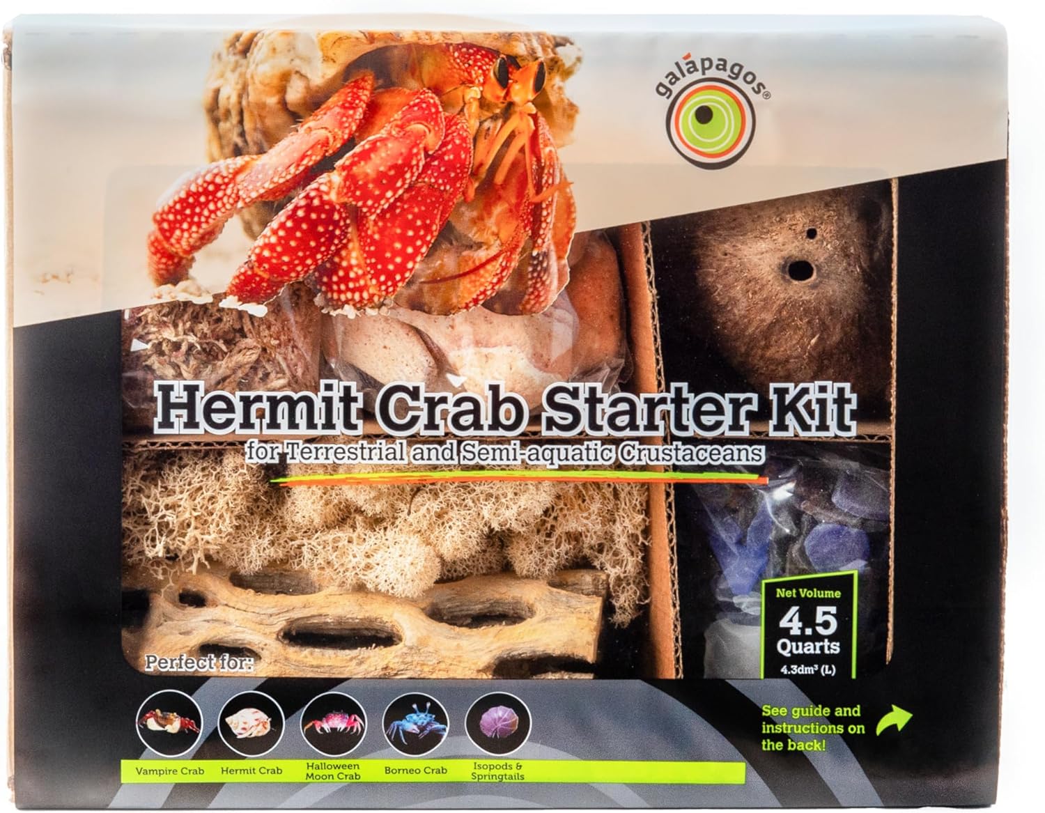 Galápagos (05355) Hermit Crab Starter Kit - Complete DIY Habitat Essentials for Terrestrial and Semi-Aquatic Crustaceans, Includes Cholla Wood, Coconut Hut, Moss, Stones and More, 4.5 Quarts