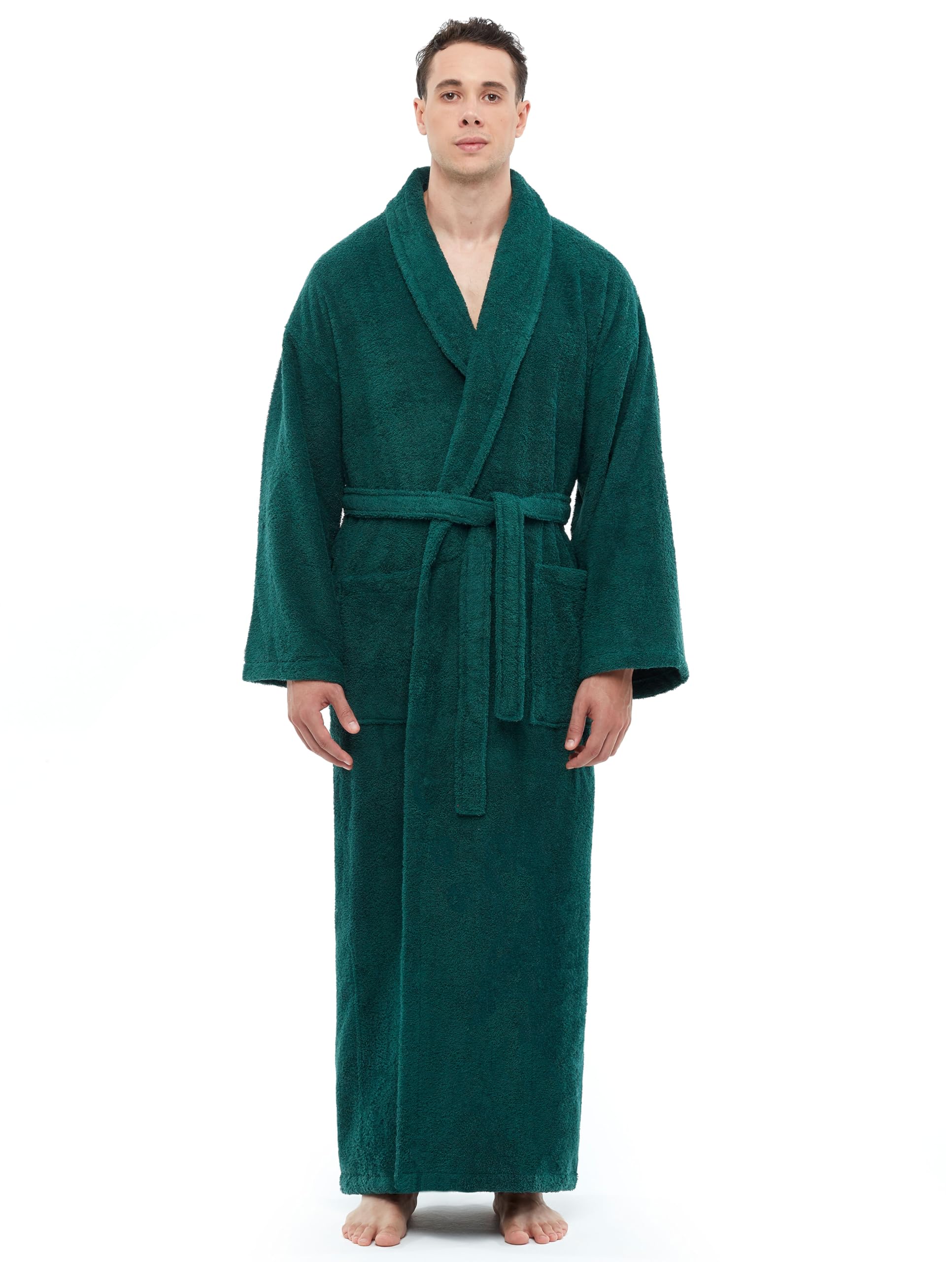 Arus Men's Shawl Collar Robe, Turkish Terry Cotton Bathrobe with Regular and Full Length Options, Dark Green, XX-Large Extra Tall