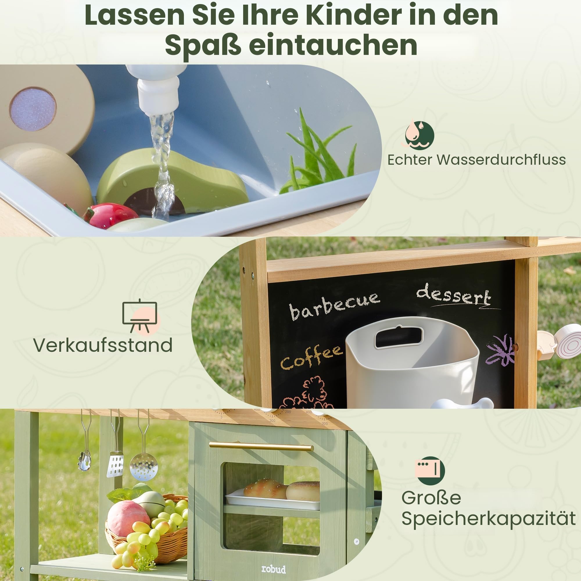 ROBUD Hölzerne Matschküche für Kinder, 17 PCS Pretend Play Kitchen Set mit Wasserspüle, Tafel & Küchenzubehör, Outdoor-Spielzeugküche für BBQ, Küchen-Spielset für Kleinkinder ab 3 Jahren