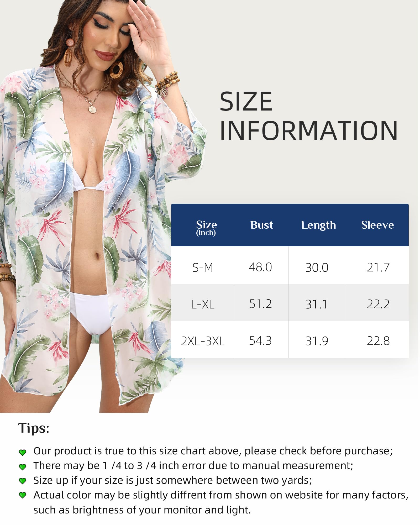 Argstar Cárdigan tipo kimono para mujer, estilo casual, para verano, parte delantera abierta, estampado floral, ropa de playa