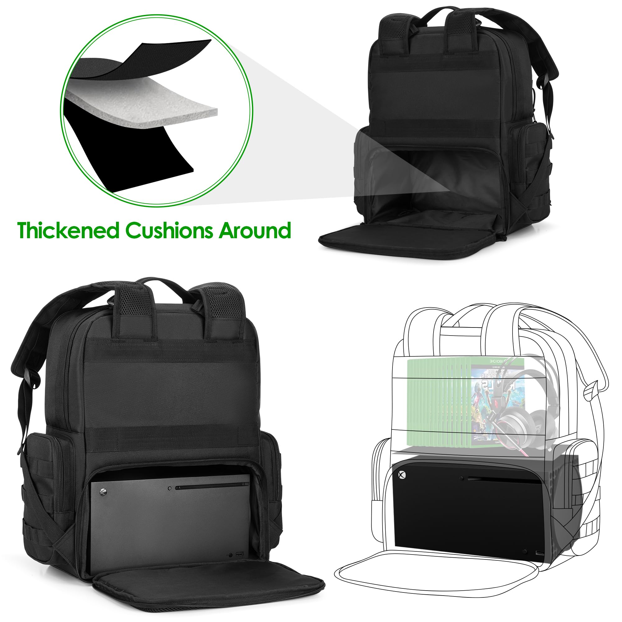 PGmoon Mochila táctica de viaje compatible con consola Xbox Series X/S con espacio individual para consola, muchos bolsillos para controladores, auriculares y más (diseño patentado), Negro -, Mochila