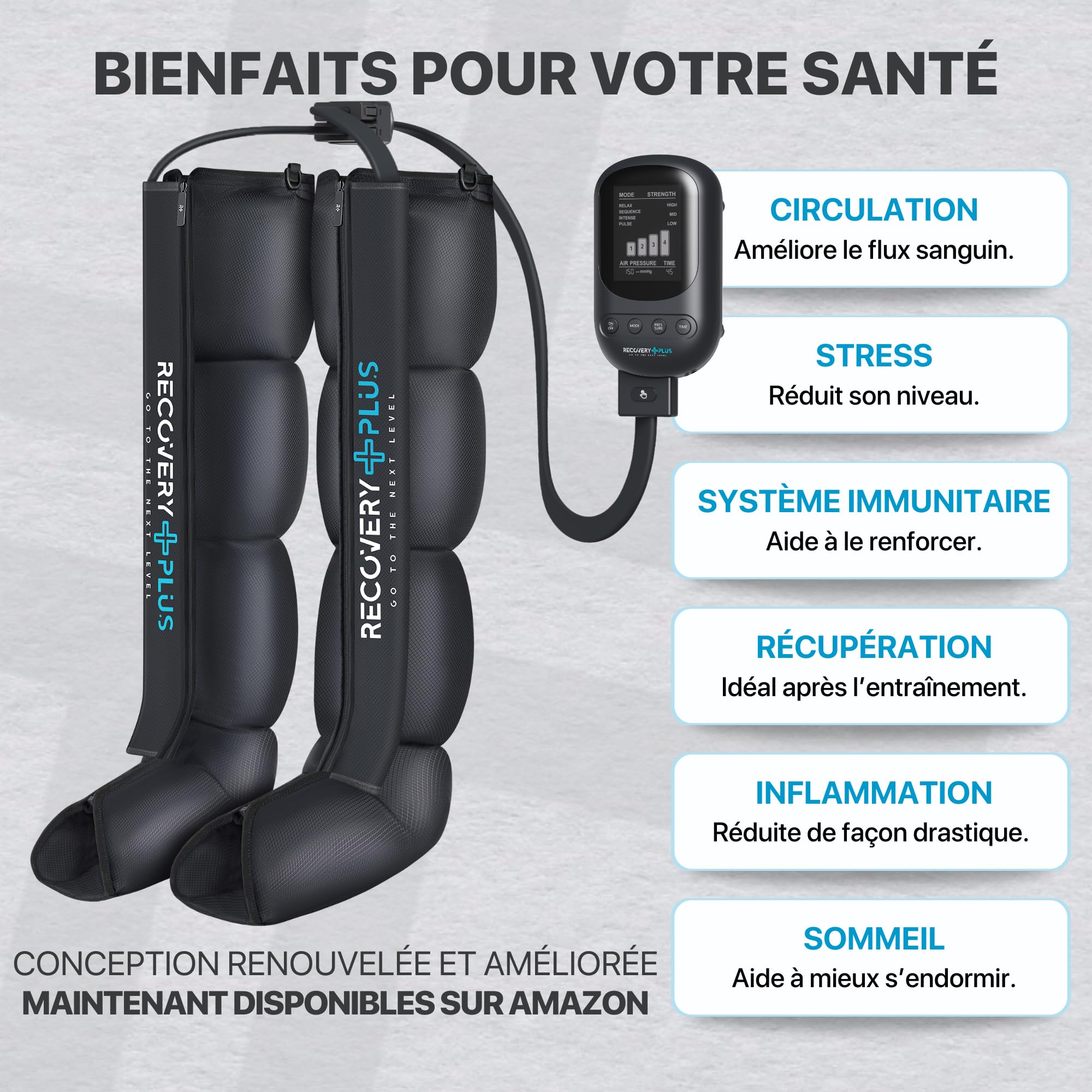 RECOVERY + PLUS GO TO THE NEXT LEVEL Masseur de jambes pour pressothérapie à domicile Machine de pressothérapie Masseur de pieds