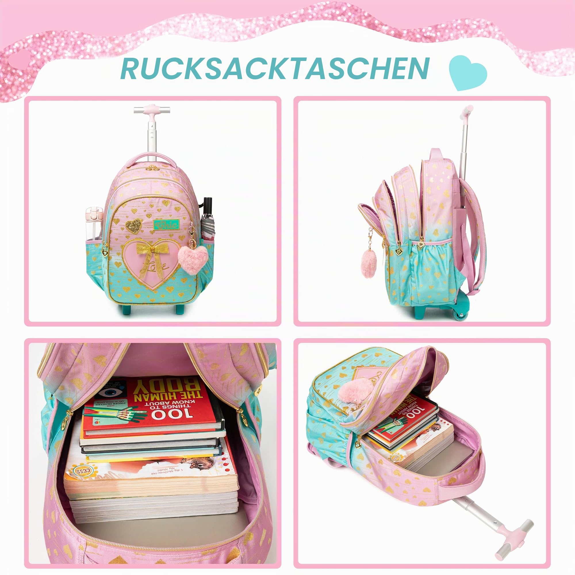 HTgroce Schulranzen mit Rollen für Mädchen, Kinderrucksack mit Rollen Trolley Schulrucksack für Mädchen,Schultrolley Rucksäcke Kinder Schulrucksack Schultasche mit Rollen ab 7 jahren