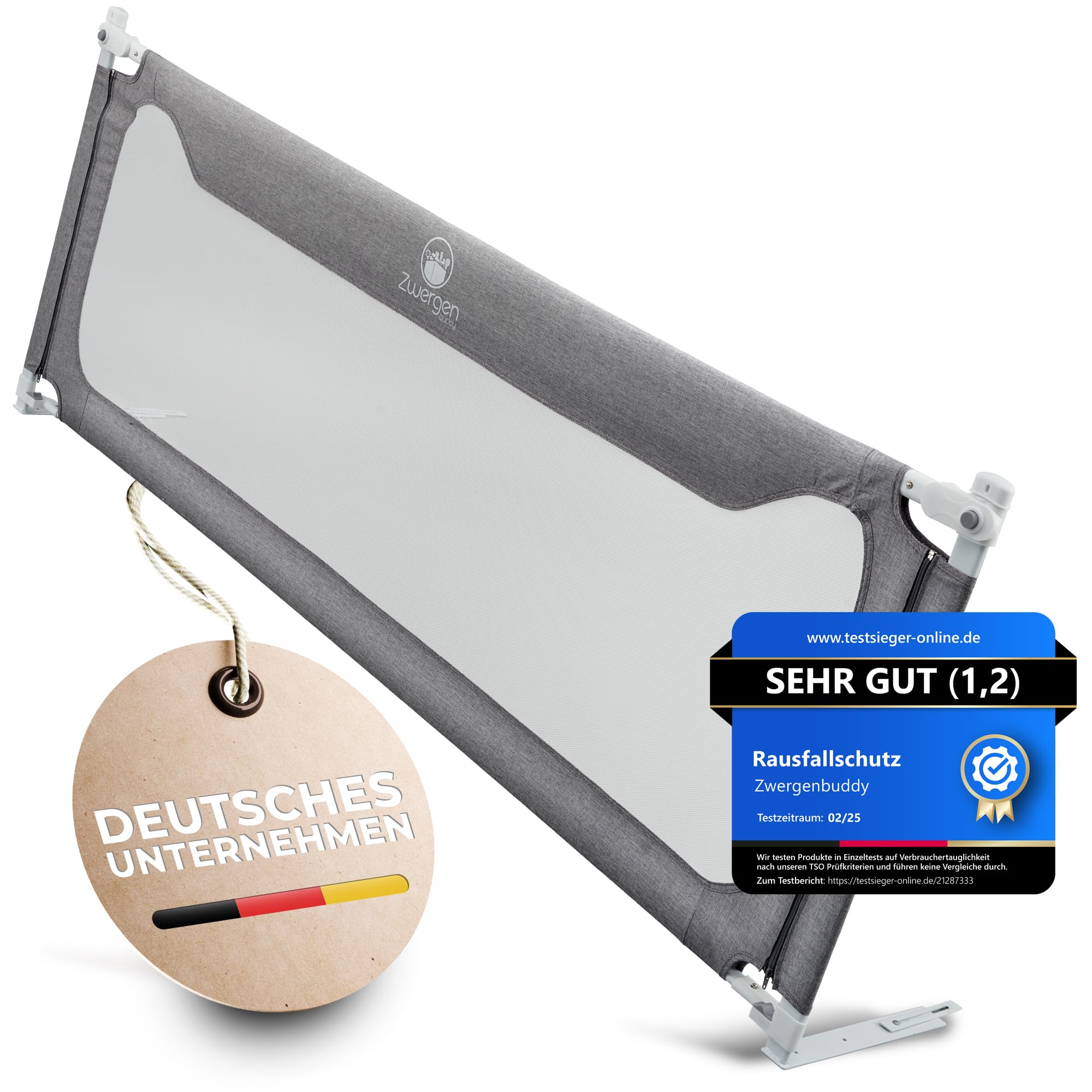 Zwergenbuddy Rausfallschutz Bett (160cm) Schadstoffgeprüftes Bettgitter Bettschutzgitter [Eine Seite] mit Gurt für mehr Stabilität - Sicherer Schutz für Ihr Kind!