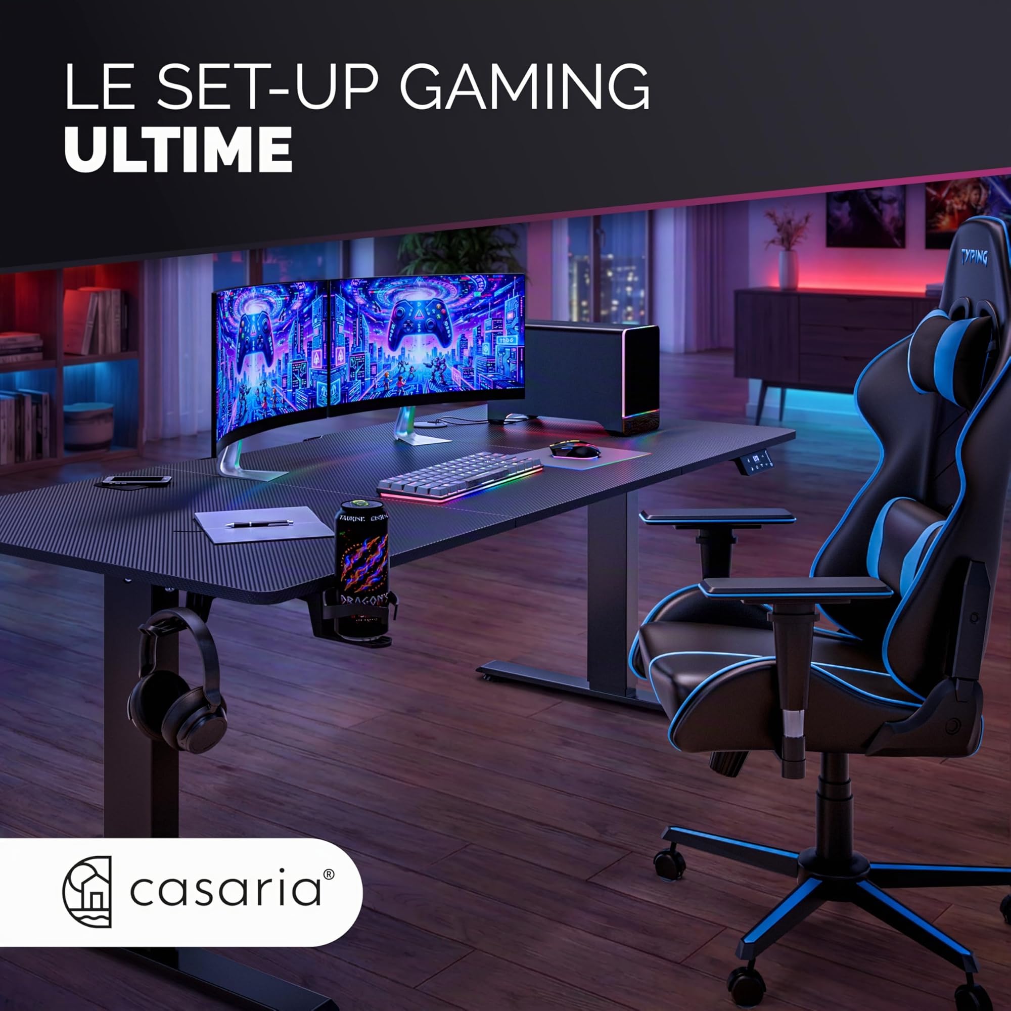 Casaria® Bureau Assis Debout 160 x 70 cm Bureau Gaming Aspect Carbone Standing Desk Hauteur Réglable 72 117 Cm Chargeur sans Fil Ports USB C USB A Structure Acier 80 Kg