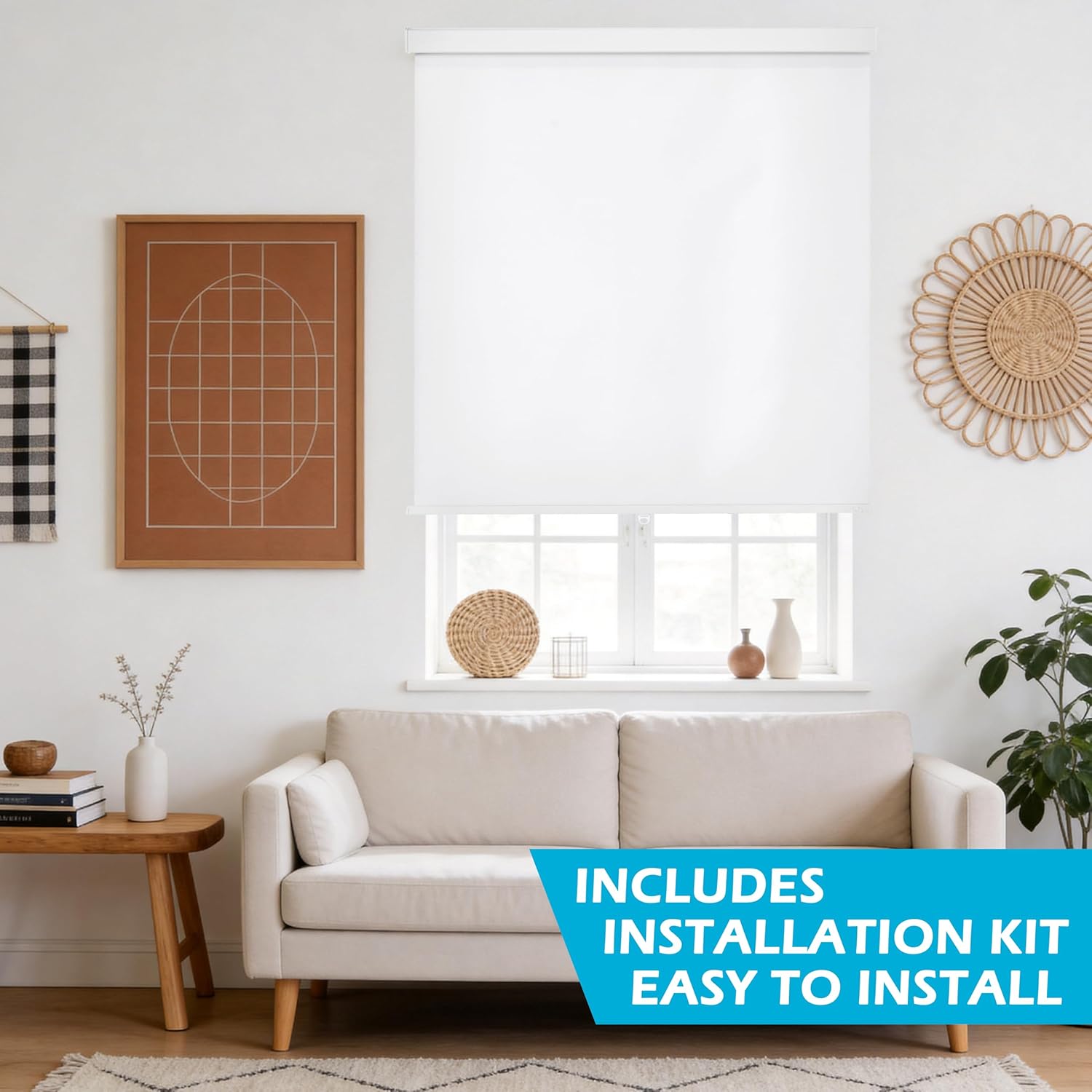 Blackout Roller Shades Cordless Blinds for Indoor Windows Room Darkening Free-Stop UV Protection Shades Door Blinds for Home and Office (32" W x 72" H, White)