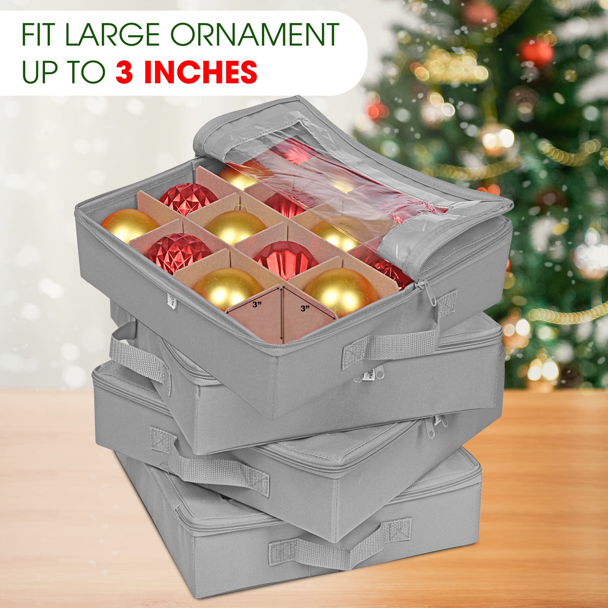 ProPik Aufbewahrungsboxen für Weihnachtsdekoration mit Trennwänden, transparenter Oberseite, hält 64 Weihnachtsdekorationen, langlebige Ornament-Organizer-Aufbewahrungsbox (grau)