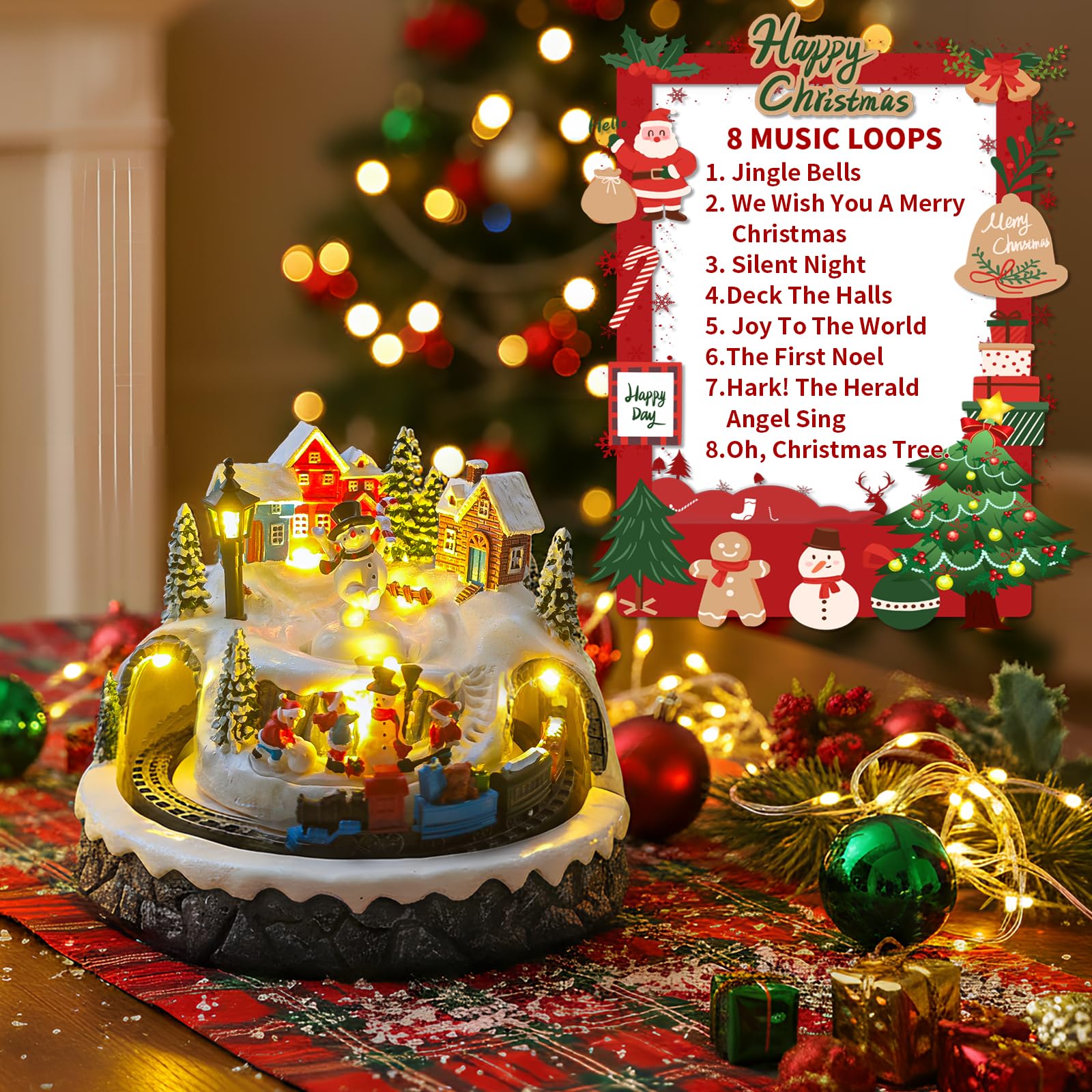 Décoration de village de Noël avec train rotatif et bonhomme de neige, bâtiments musicaux de collection, 8 chansons, lumières LED, fonction minuteur et deux options d'alimentation (USB ou batterie