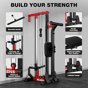 JELENS RC01 Cable Machine, Wall Mount Cable Machine with 16 Adjustable Positions, Rowing Machine & LAT Pulldown Machine with Training Attachment, Home Gym Equipment 2 in 1