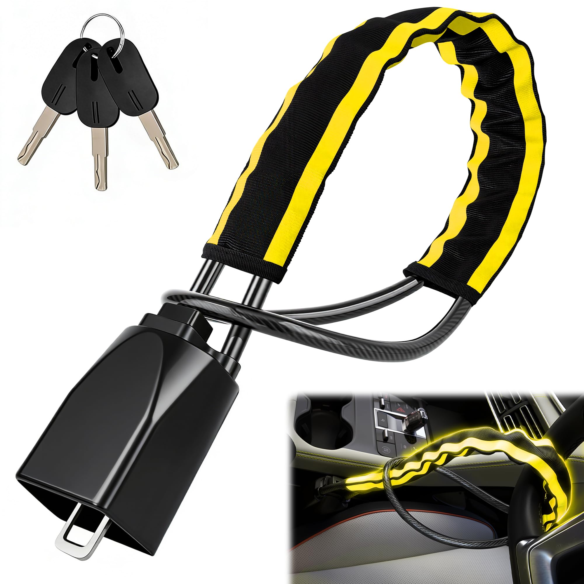 Upgraded Reflective Stripe Steering Wheel Lock,Seat Belt Lock,Metal Head,Heavy Duty Universal Car Lock Steering Wheel,High Visibility Car Locks Anti-Theft Device,3Keys (Orange) — view 8