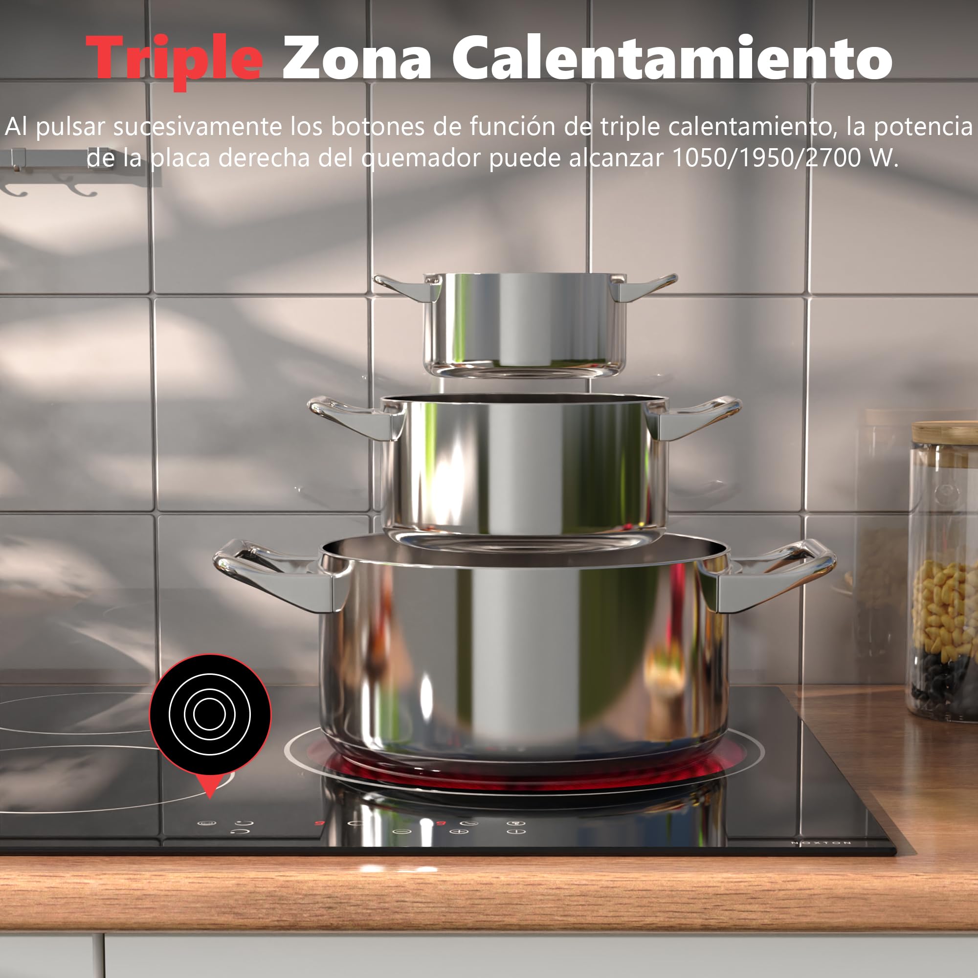 Placa vitrocerámica 3 fuegos autosuficiente 60 cm, con control táctil