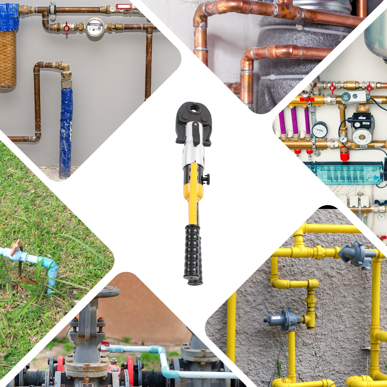 Szczypce hydrauliczne do prasy do rur, 6 ton, siła docisku 16-32 mm, do rur PPR PEX PB PE, z głowicą obrotową 360° i 8 matrycami, profesjonalny zestaw, srebrny