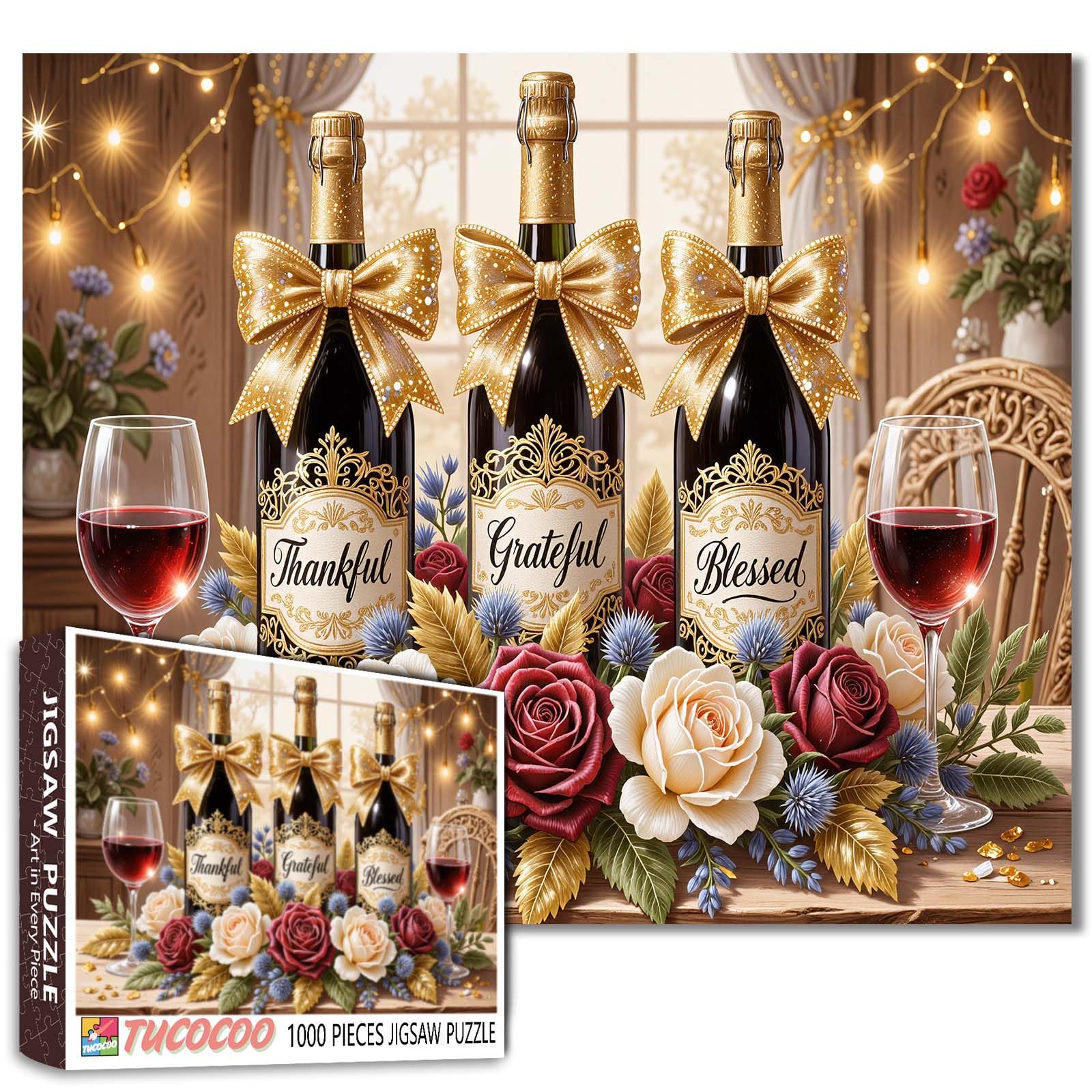 Wine Celebration 1000 Piece Jigsaw Puzzles for Adults Blessed Celebration Puzzles Grateful Flowers Puzzle for Home Decoration Gifts Family Puzzle Perfect for Game Nights 19.7" x 27.6 "