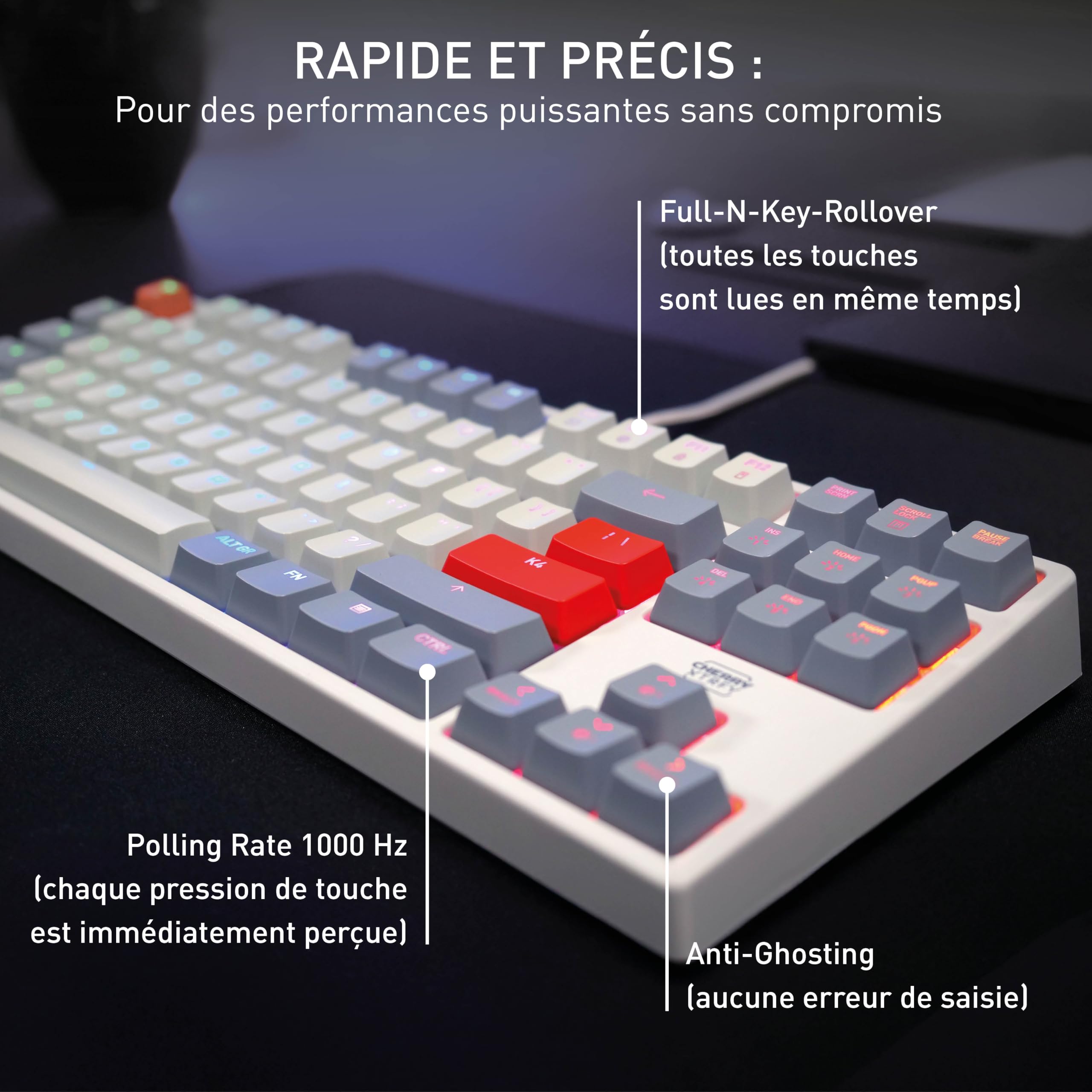 Cherry XTRFY K4V2 TKL, Clavier De Jeu Filaire sans Pavé Numérique, Disposition Française (AZERTY), Éclairage RGB, Commutateurs Mécaniques MX2A Red, Rétro