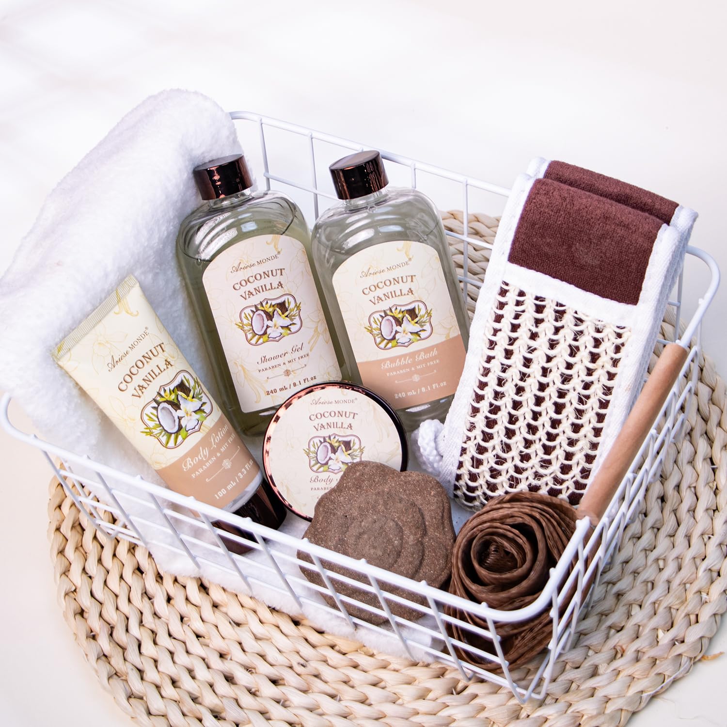 Cestas de regalo de spa para mujer, juego de regalo de baño de vainilla y coco para mujeres, kit de spa relajante de lujo con bombas de baño, loción corporal y exfoliante corporal, regalos