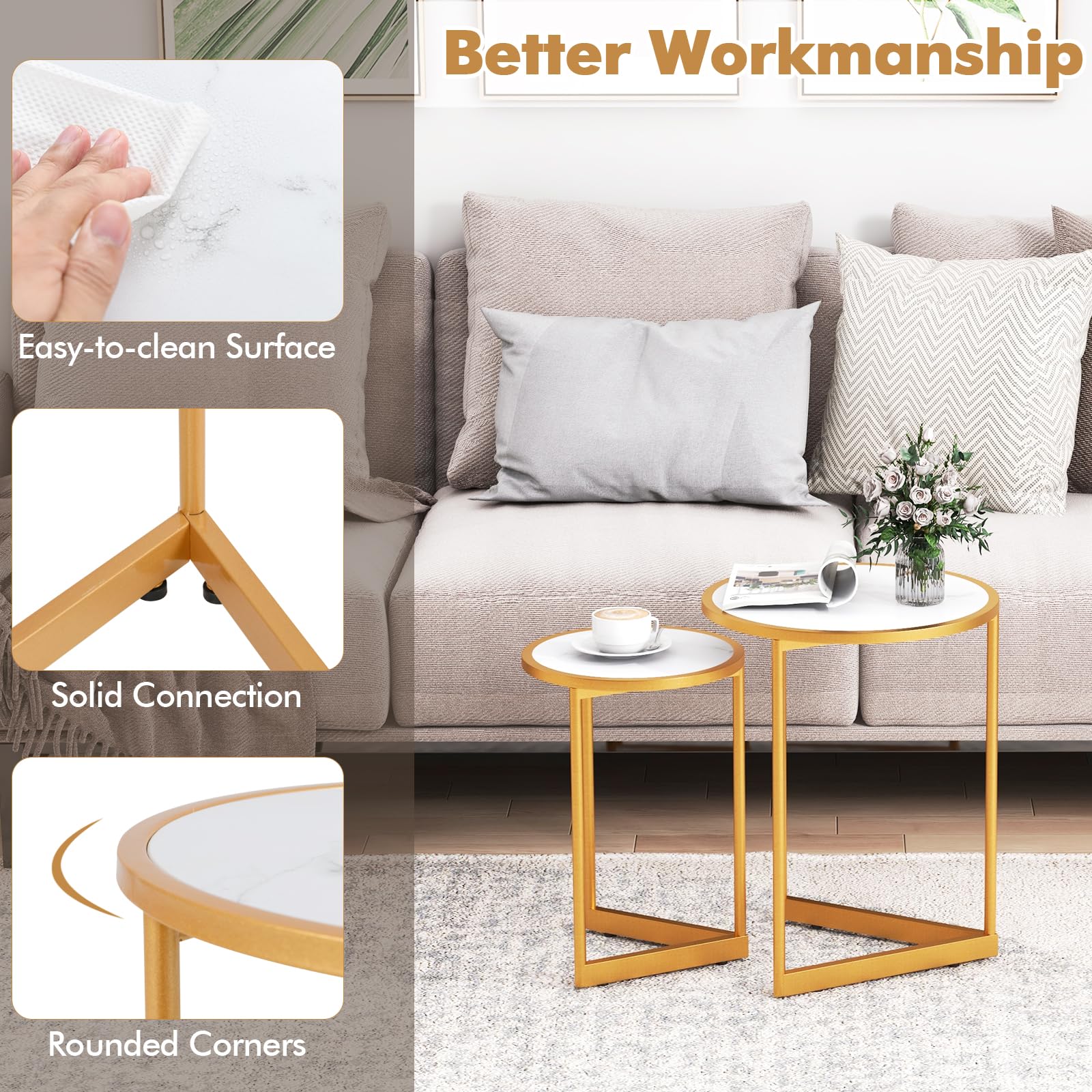 LIFEZEAL Set di 2 Tavolini da Salotto, Rotondo, Sovrapponibile, Oro, Bianco, Effetto di Marmo, Tavolino da Caffè, Tavolino Basso Laterale, Tavolino Lato Divano, Legno+Metallo, Moderno, Soggiorno