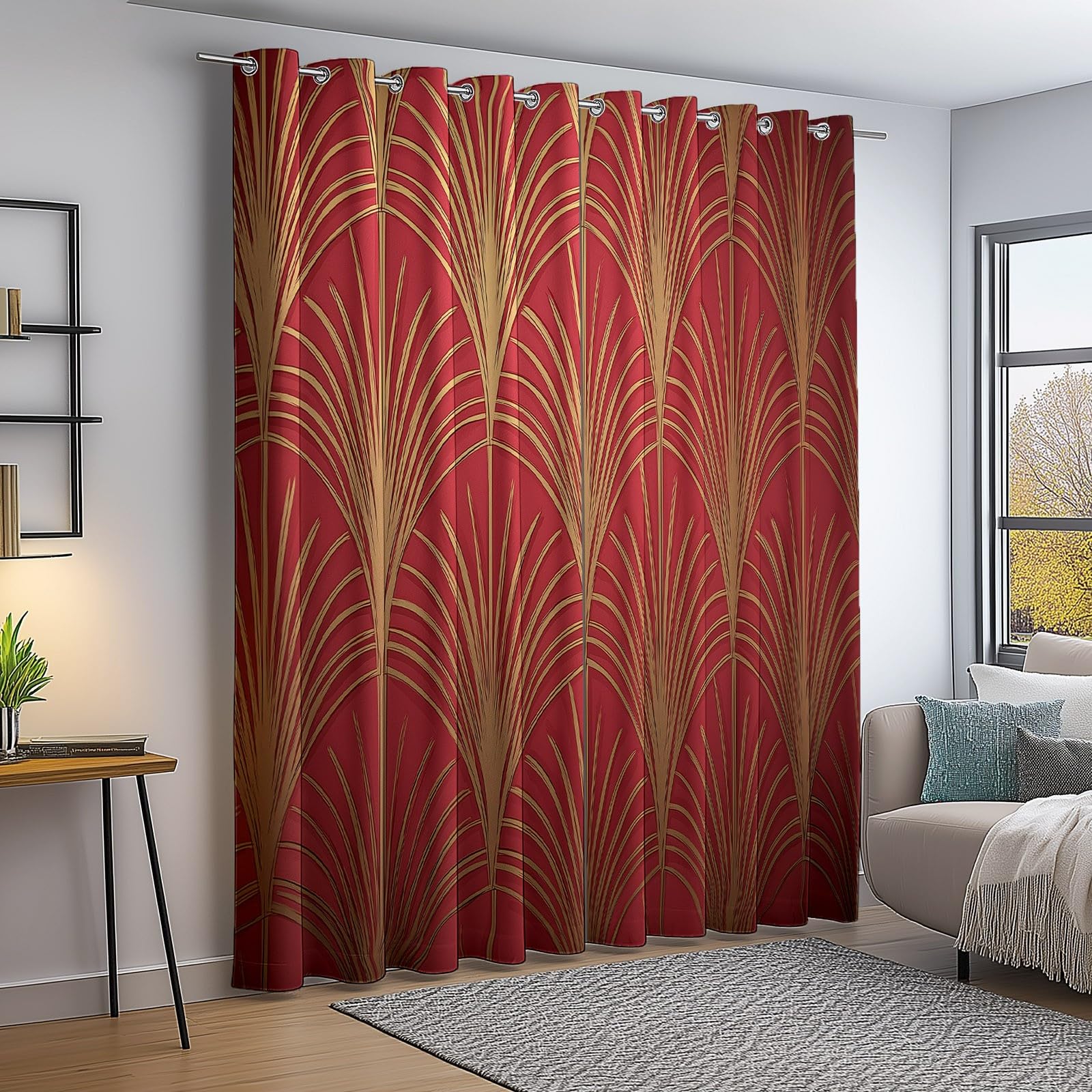 Éventail Élégant Et Luxueux Géométrique Rideaux Longs 140L X 260H cm (2 Panneaux), Tissu Occultant Thermique pour Baie Vitrée, Rouge Or