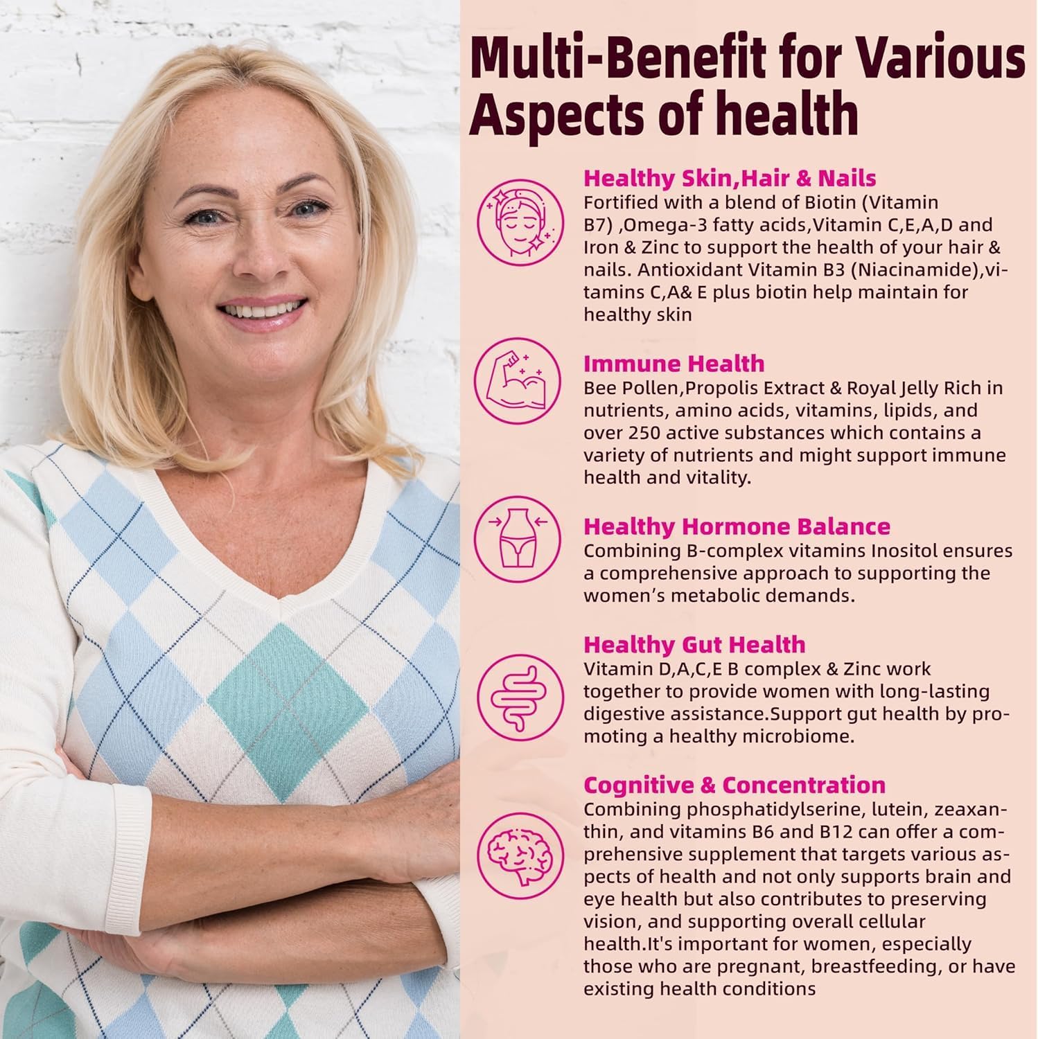 Multivitamin for Women Gummies for 40+ with Omega-3, Niacinamide, B-Complex, Lutein, Iron, Choline, Phosphatidylserine, Vitamin D3 - Vegan, Sugar Free, 60Count