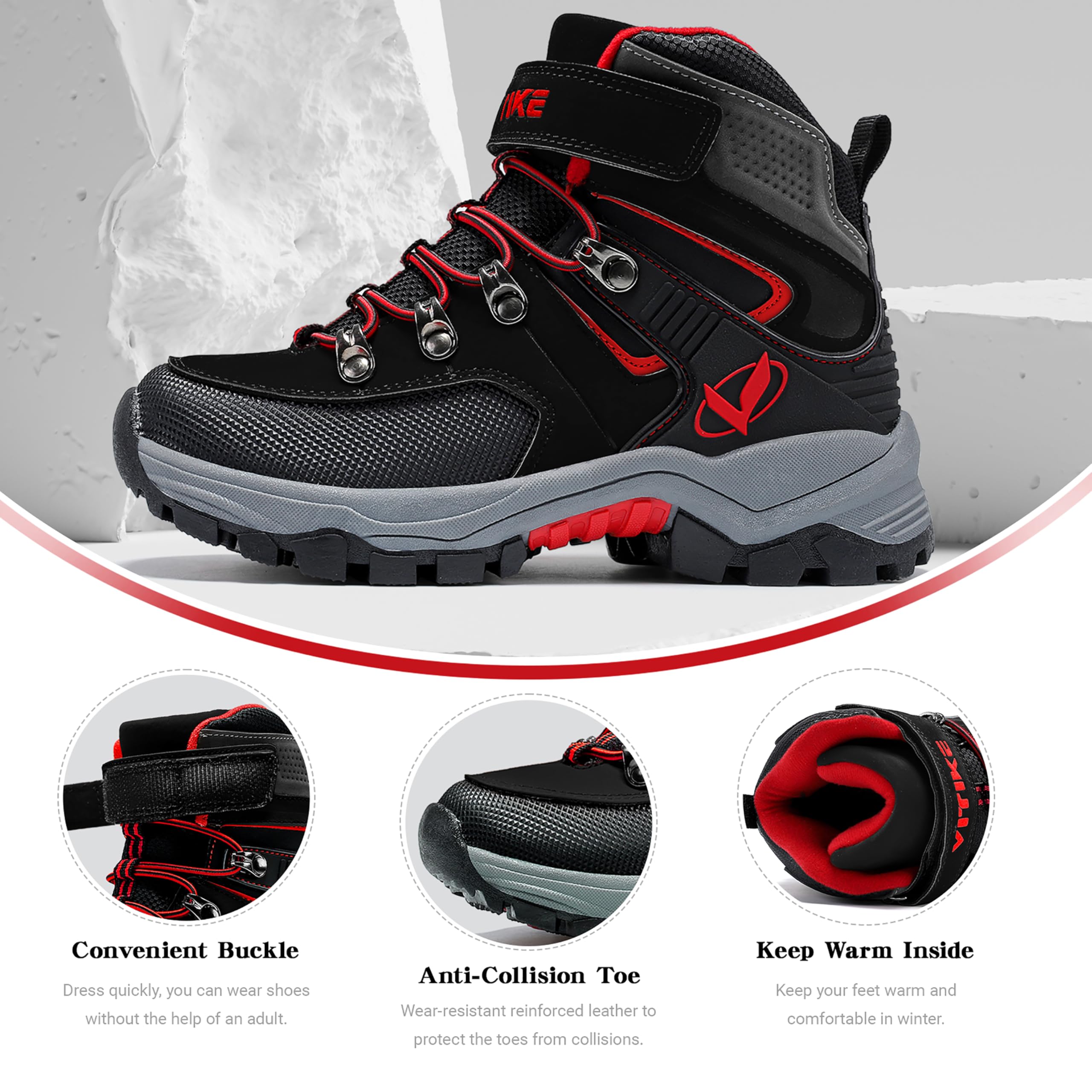 ASHION Botas de senderismo para Niños Botas de Montaña Botas de nieve Zapatos de Senderismo,H Negro Rojo 33 EU