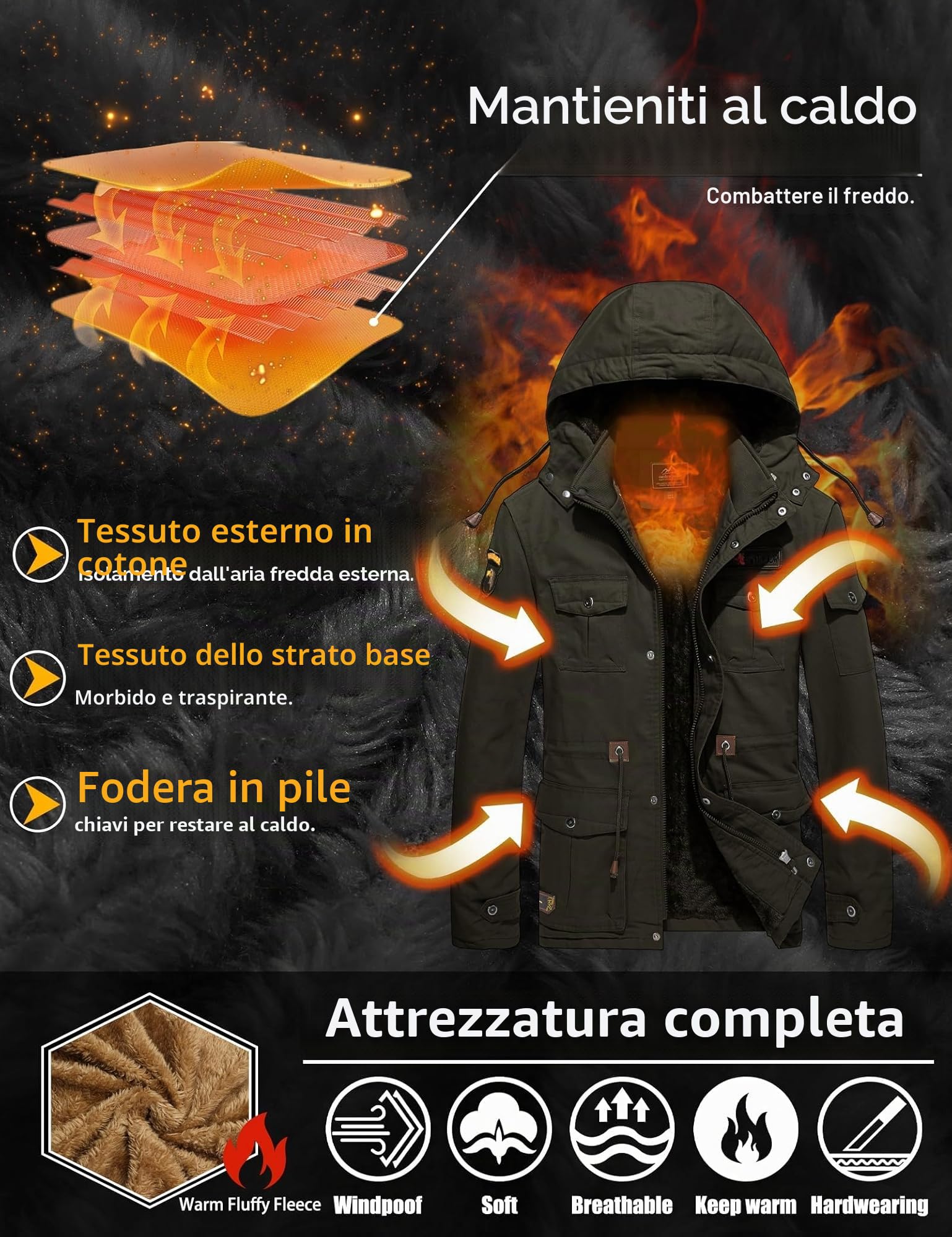 Giacca da uomo Militare Giacca invernale Casual Cotone Antivento Giacca da esterno Cargo Giacca con Cappuccio