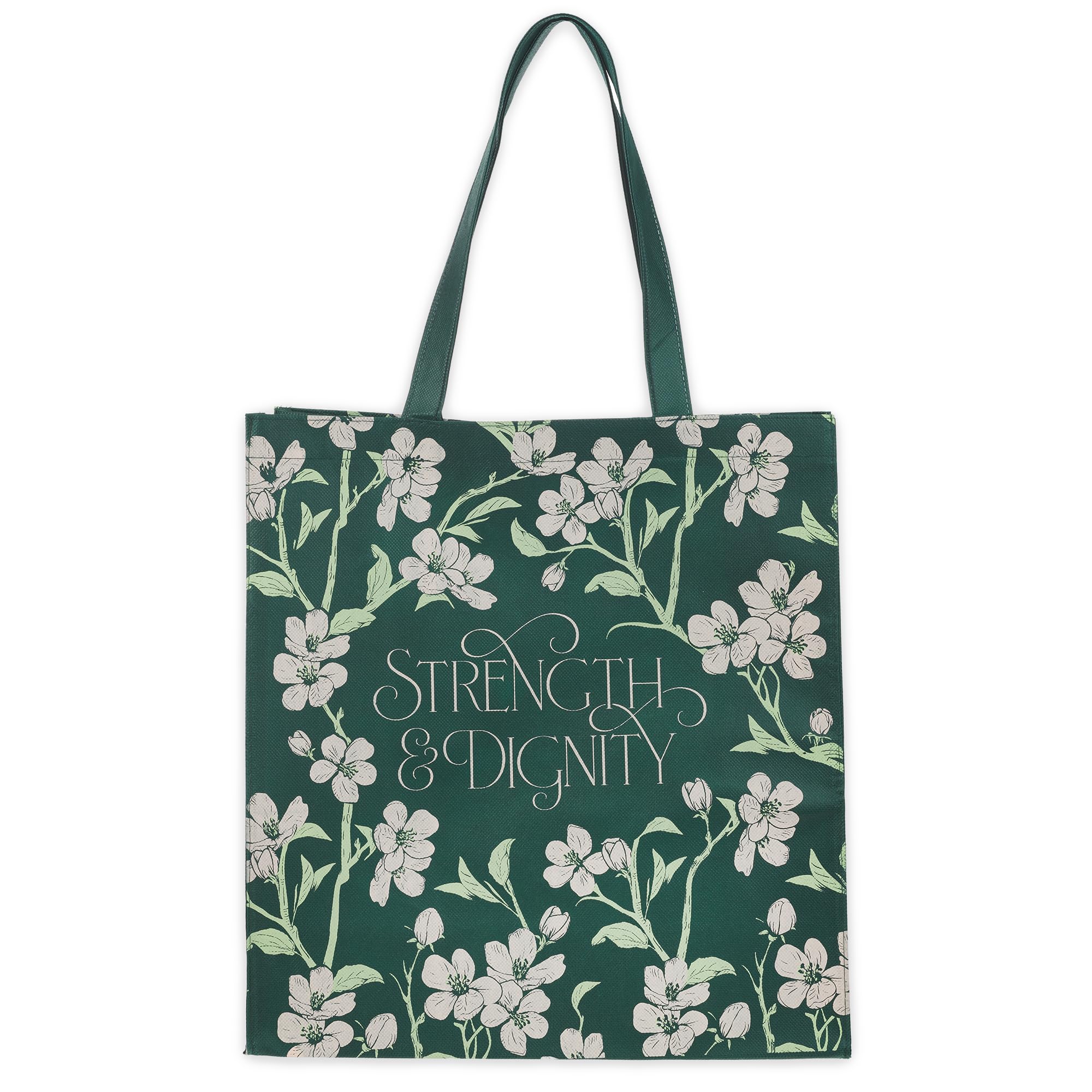 Christian Art Gifts Reusable Inspirational Shopping Tote Bag for Women: Strength & Dignity Encouraging Bible Verse, Cute Easy Carry Handbag for Travel, Groceries, Books, Supplies, Green & Pink Floral