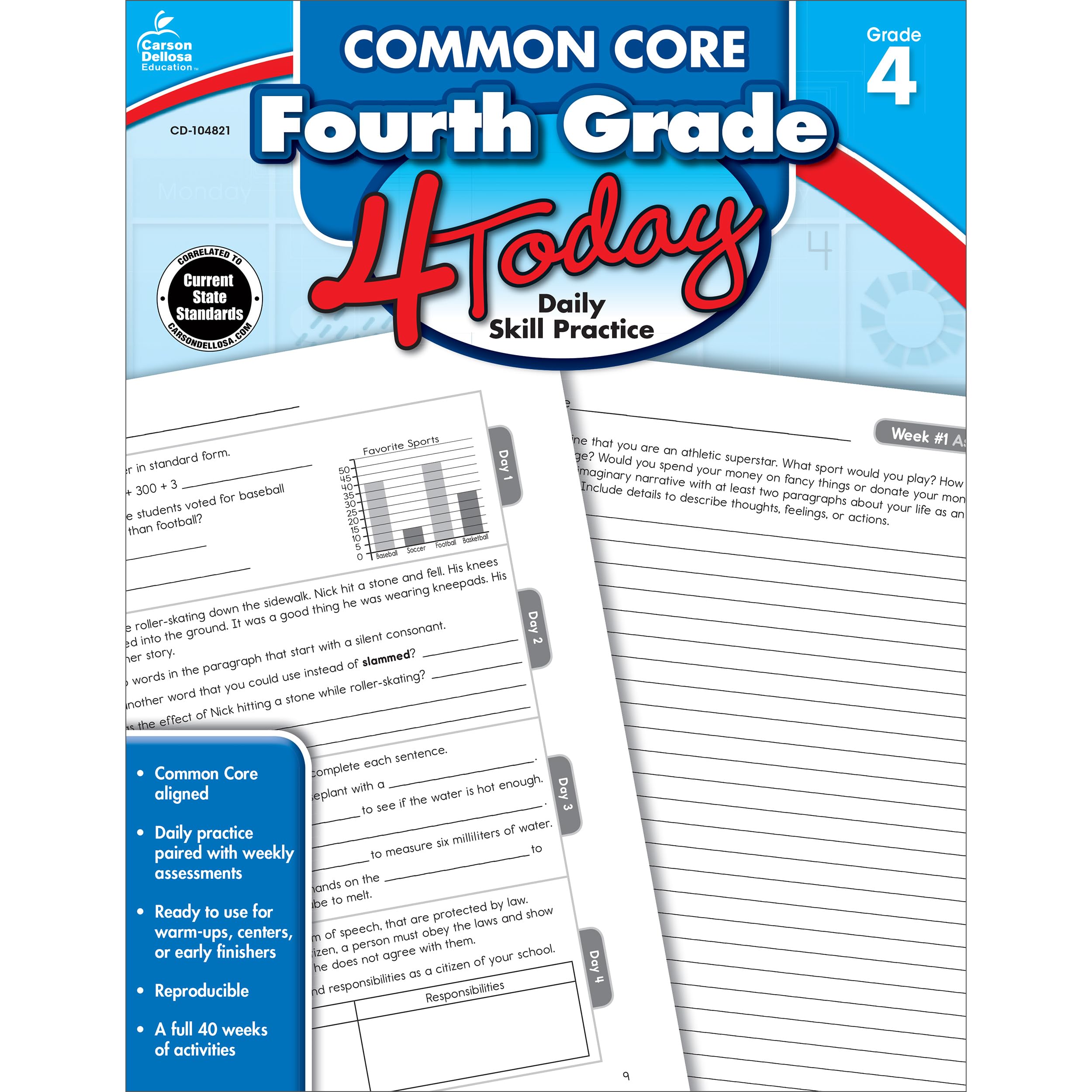 Carson Dellosa Common Core 4 Today 4th Grade Workbook, 40 Weeks of Math, Language Arts, Science, and Social Studies Activities, Classroom or Homeschool Curriculum (Volume 1)