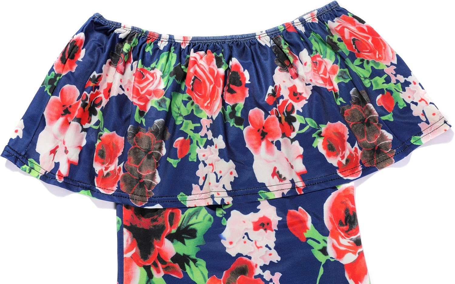 Suimiki Vintage Ruffle Plain Floral Printed Off Shoulder Bodycon Long Party Maxi Dress Navy B Small - Image 4