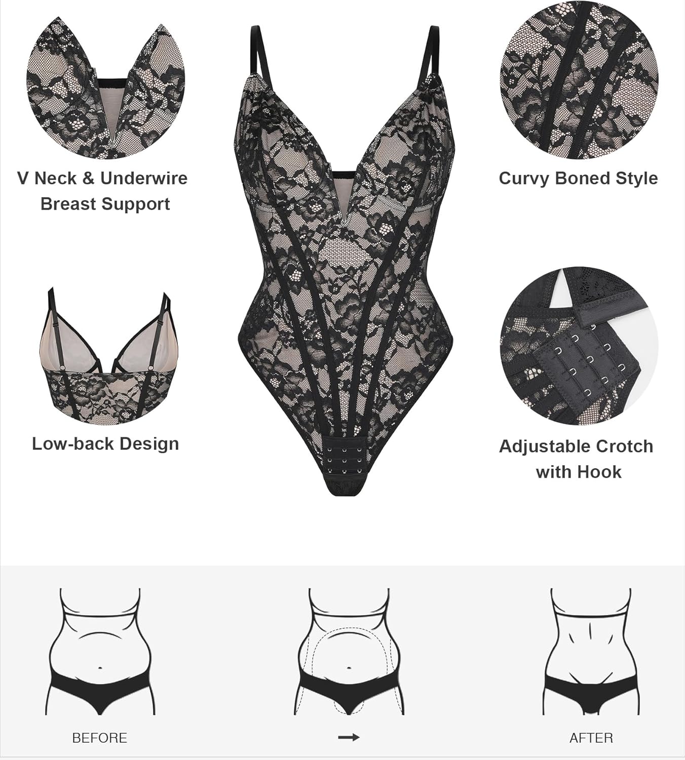 Popilush Shapewear Bodysuit for Women Deep V Neck Sleeveless Lace Corset Bodysuits Tummy Control Tank Tops - Image 5