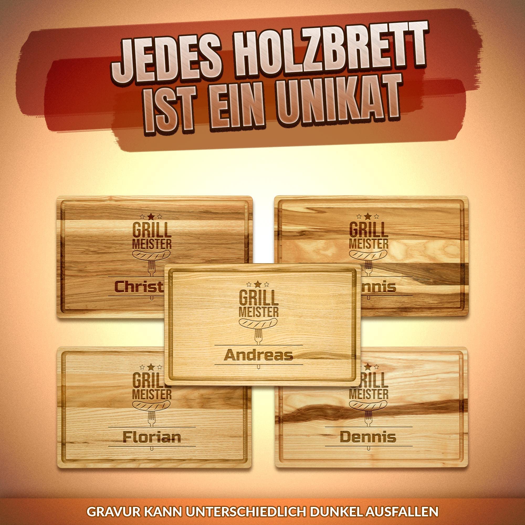 Großes Holzbrett mit Gravur - Schneidebrett personalisiert mit Name - Geschenk für Grillmeister | Eschenholz, 40 x 25 x 2 cm, personalisiertes Geschenk mit Gravur