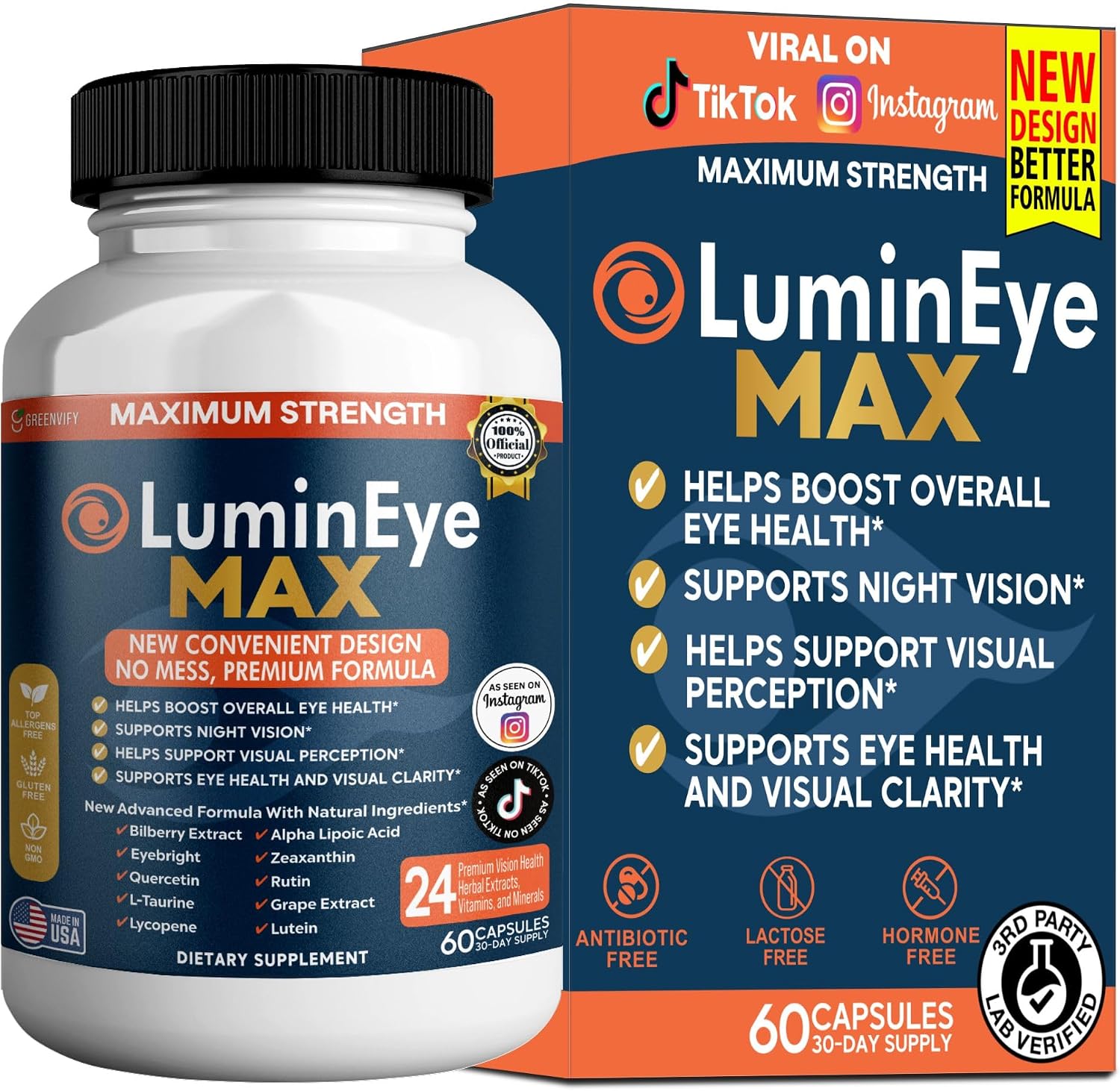 LuminEye MAX Eye Health Supplement, 60 Veggie Capsules, with Lutein, Bilberry Extract, 24 Premium Ingredients, Maximum Strength Vision Support (2)