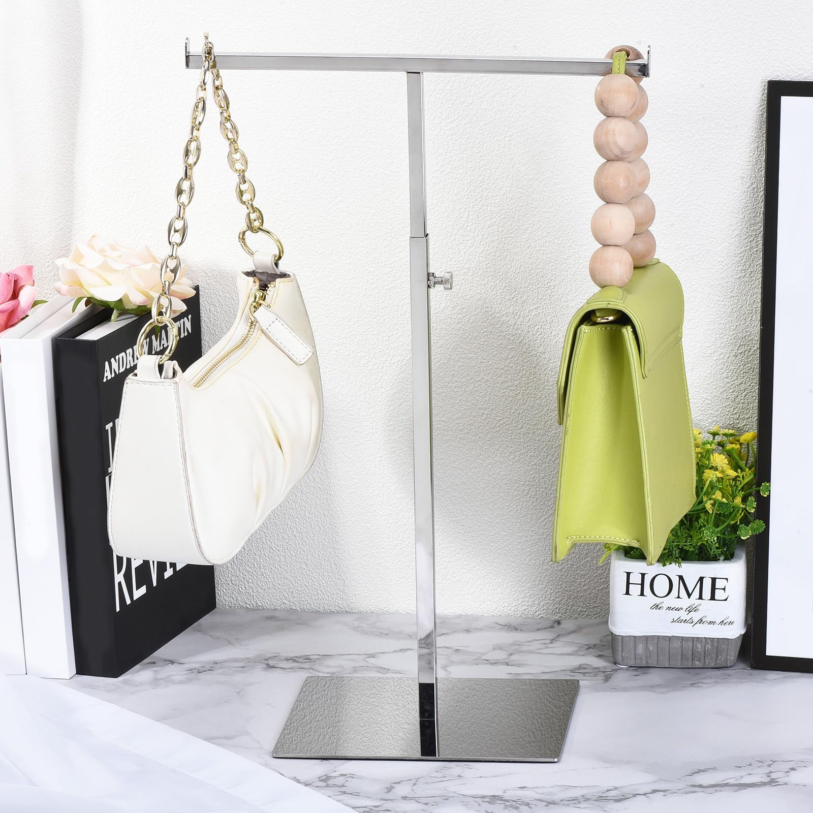 QUARKZMAN Taschenständer Geldbörse Display Stand T Förmig Metall 2 Stück Verstellbare Handtaschenständer Doppelterer Hakenhalter Halskette Organizer für Haus Boutique Geschäft, Silber