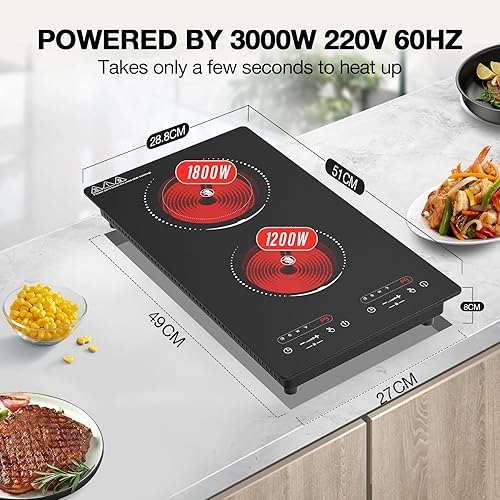 Miniatura 3 de VBGK Cocina eléctrica, 110 V, 2100 W, 2 quemadores, encimera y estufa integrada con 9 niveles de potencia, bloqueo de seguridad para niños,