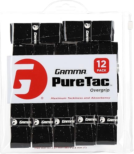 Gamma Tennis PureTac OVERGRIP, Extra Tacky, Durable, Moisture Absorbent - White, Black (1, 3, or 12 Pack)