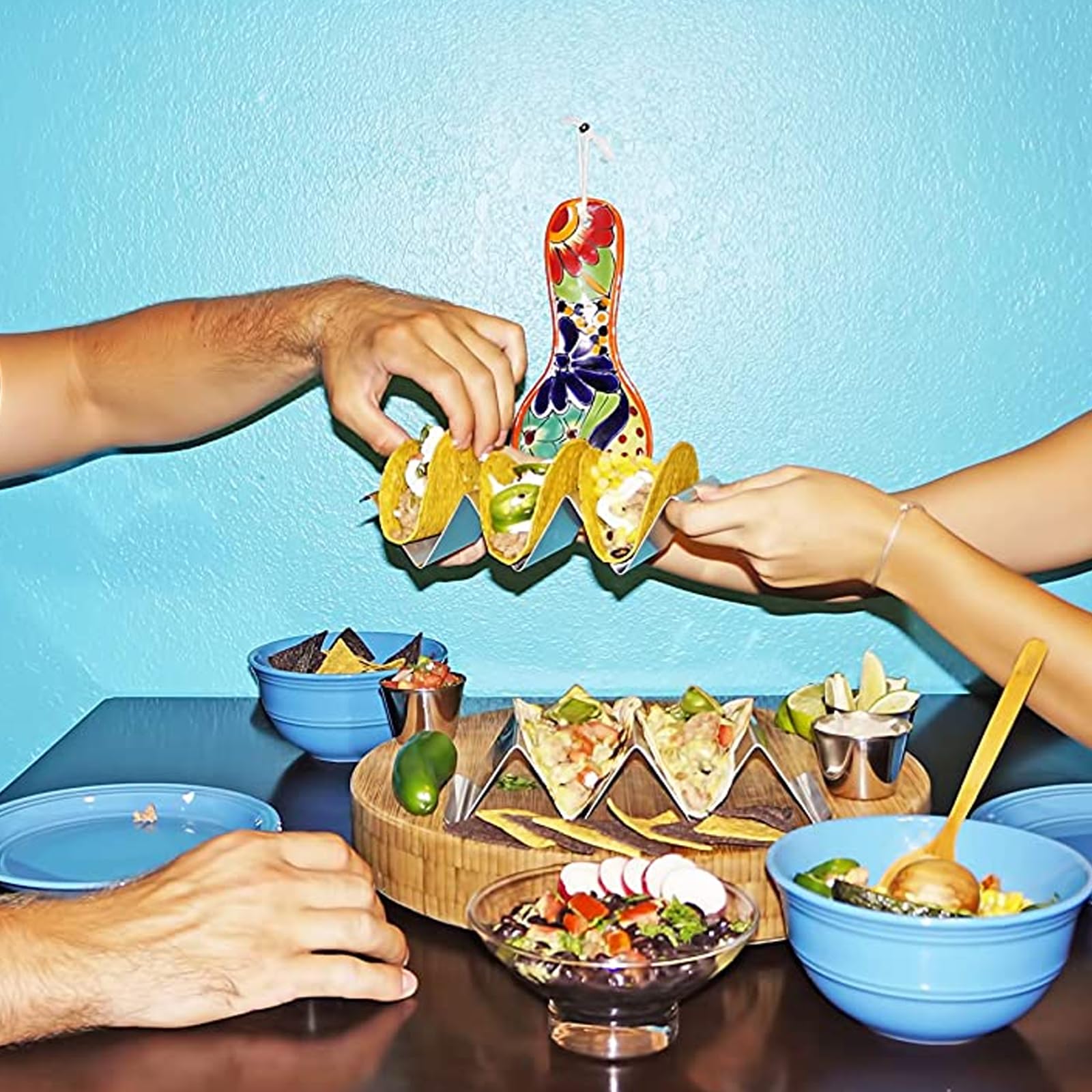 Porte-Tacos,2 Support à Tacos en Acier Inoxydable avec Poignées, Type W Peut Contenir 3 Tacos,pour Restaurant, Maison, Fête, Pique-Nique (Argent Métallique)
