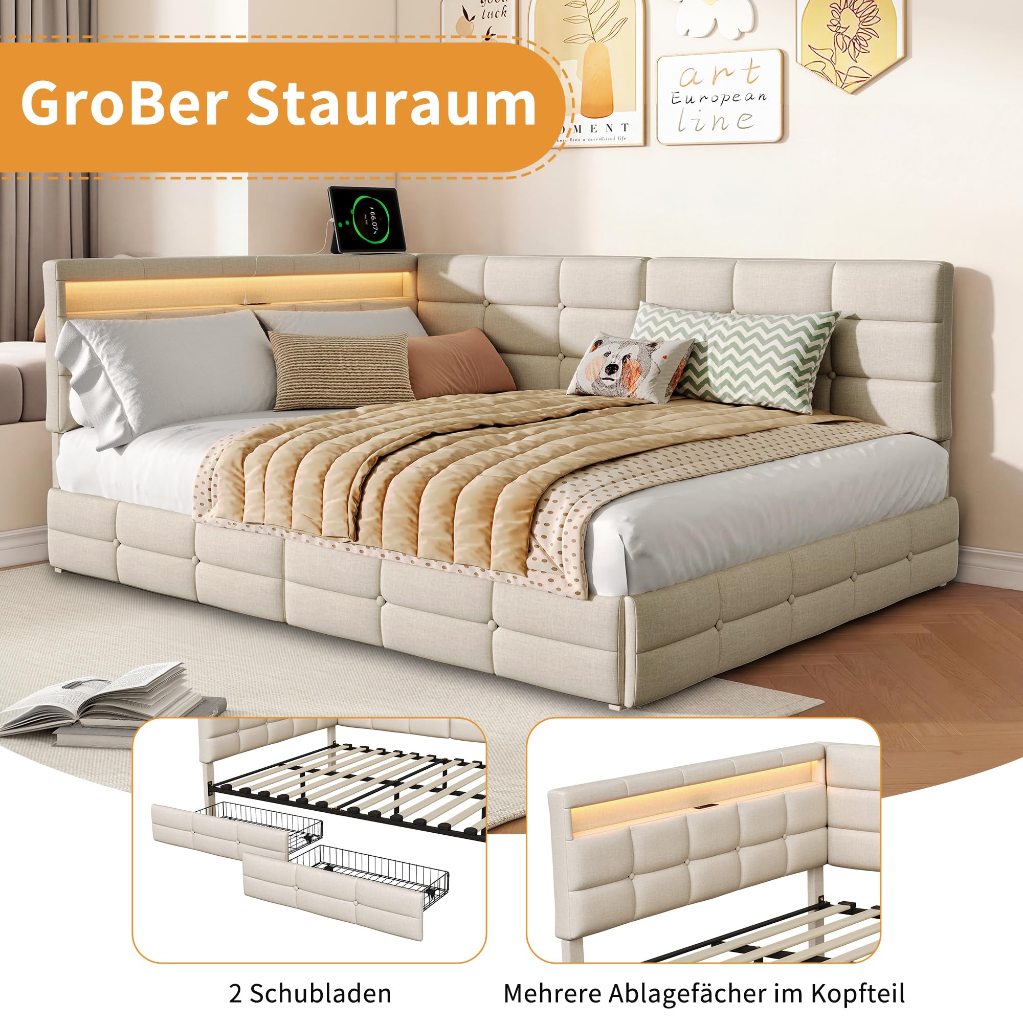 łóżko tapicerowane/sofa 140 x 190 cm, z oświetleniem LED i stacją ładowania USB, łóżko młodzieżowe/tapczan z miejscem do przechowywania i 2 szufladami, łóżko dla gości/rama łóżka ze stelażem