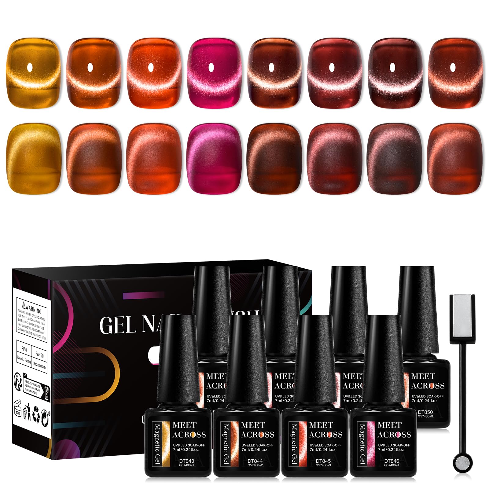 MEET ACROSS Amber Magnetic Gel Polish, Jelly Crystal Cat Eye Gel Nail Polish, Translucent Wine Red Brown Soak Off UV LED Gel Nail Salon Home Manicure