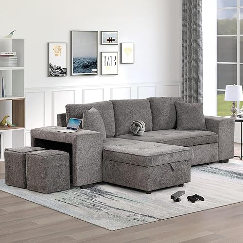 104.5 inch Reversible Sectional Sofa with Storage Chaise,2 Shelves,2 Stools and 2 Tossing Cushions - 3 Seat Sleeper Contemporary Corner Sectional with Pull-Out Sleeper and Chaise