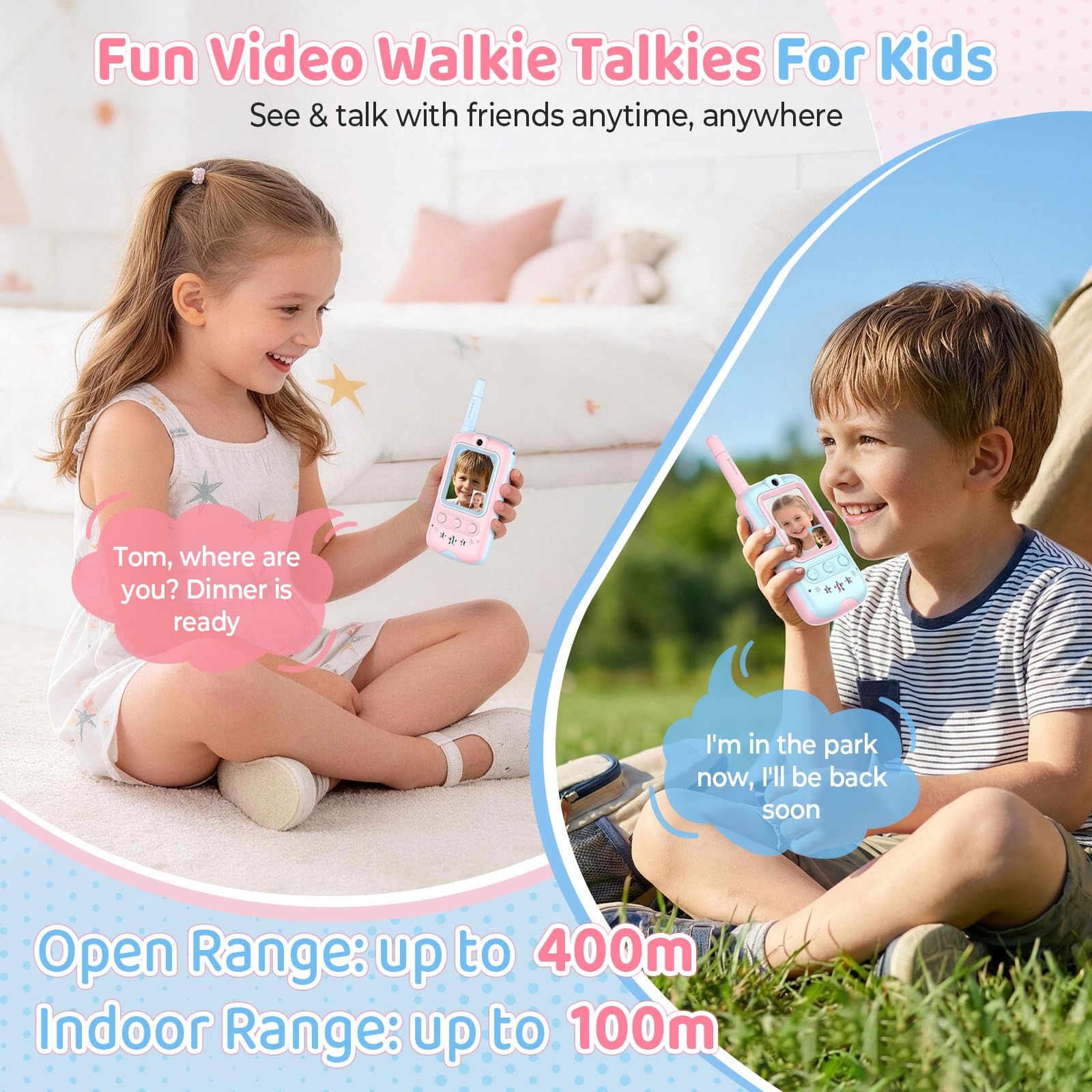 Walkie Talkie, Walkie Talkie Bambini Ricaricabili con Telecamera HD e Cambia Voce, Interazione Video per Giochi in Casa e all'Aperto, Regalo per Ragazzi e Radioline Walkie-Talkie (Rosa + Blu)