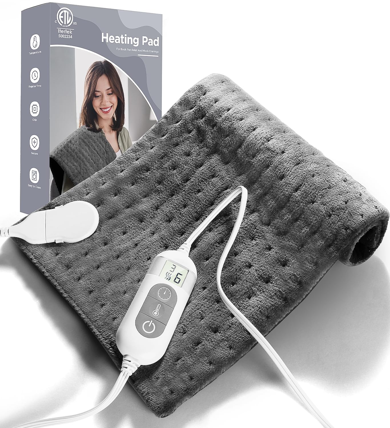 Heating Pad for Back,Electric Heat Pad Fast Heat Relief Cramps,3 Level Timming,6 Level Heat Setting,Auto Shut Off, Machine Washable,Suitable for Back,Neck,Abdomen Pain Relief