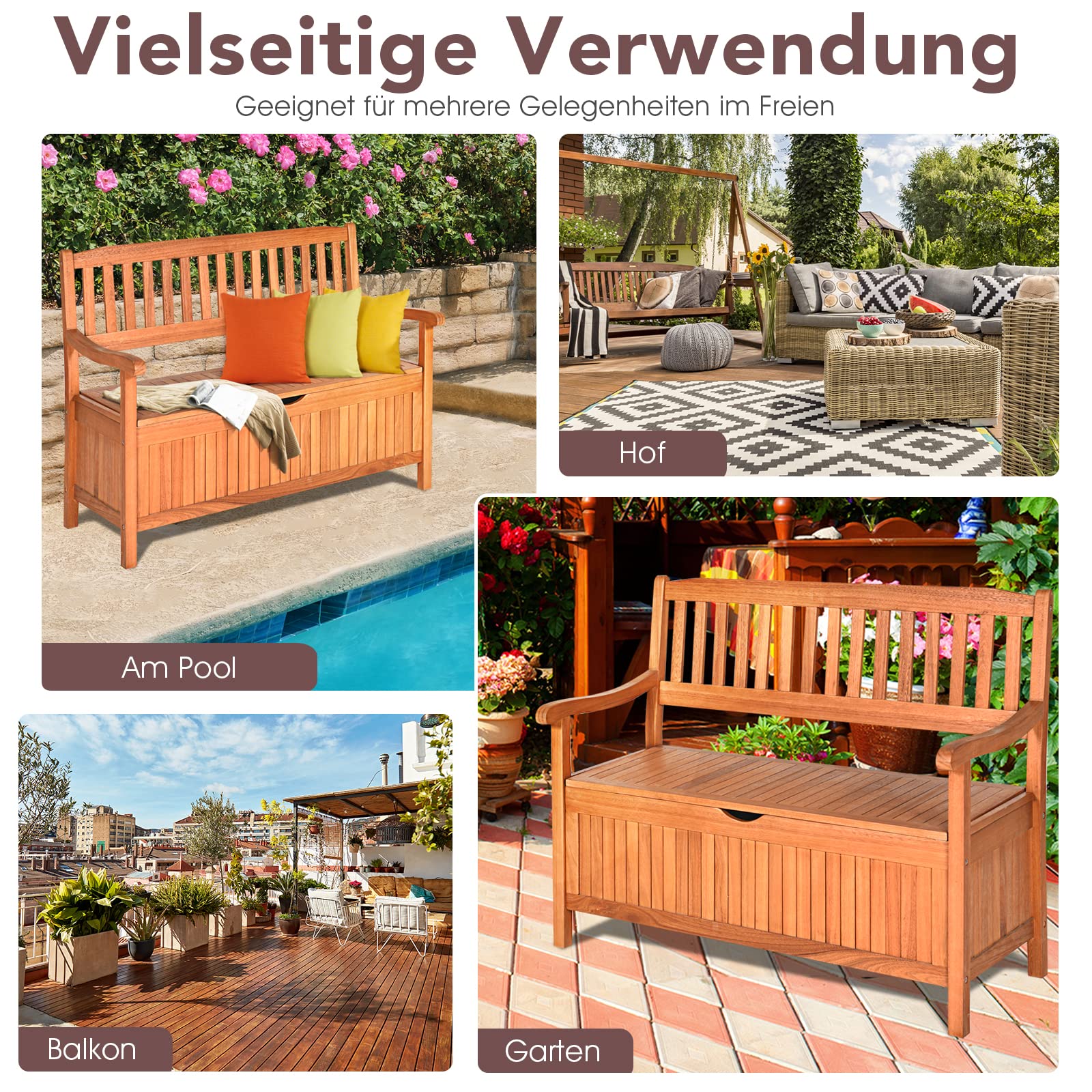 GOPLUS Gartenbank mit Stauraum, Sitzbank aus Akazienholz für 2 Personen, Truhenbank mit Rücklehne & Armlehne, Holzbank für Garten Terrasse Outdoor, mit Aufbewahrungsbox, belastbar bis 360kg