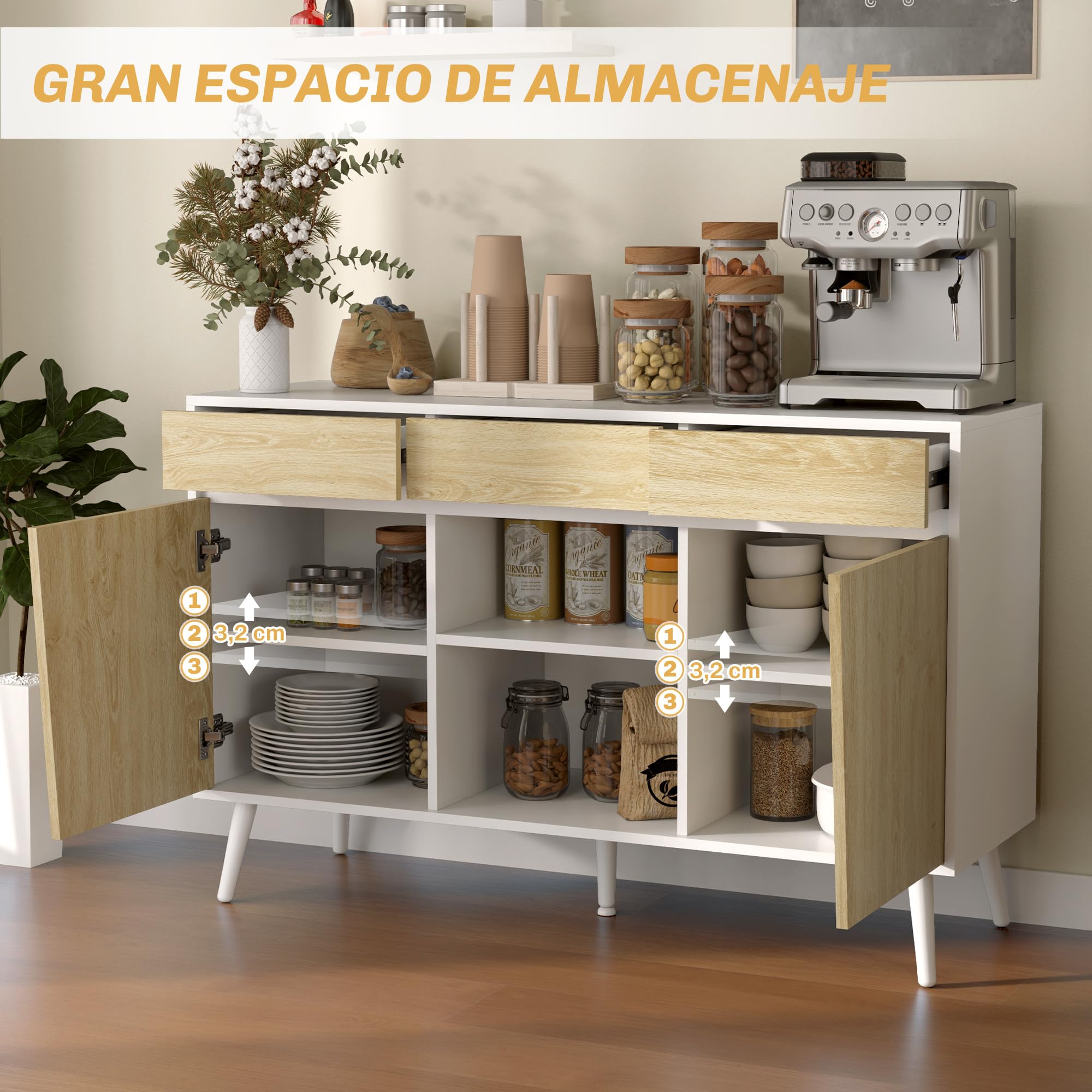HOMCOM Aparador de 2 Puertas con 3 Cajones 120x39x77 cm Blanco y Natural | Aparador de Salón, Estantes, Mueble para TV, para Dormitorio, Sala de Estar