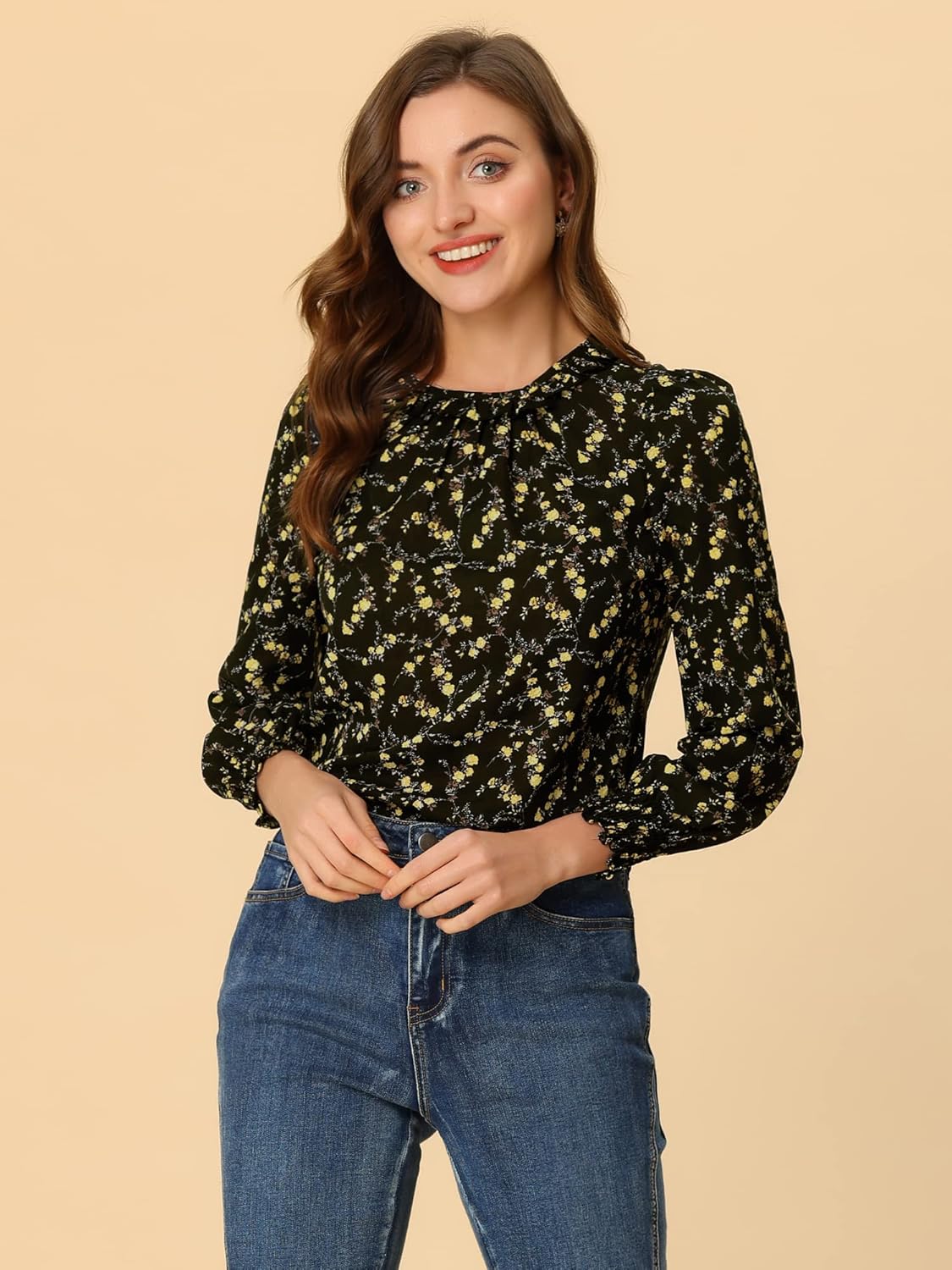 Allegra K Women's Puff Sleeve Top Elegant Floral Print Smocked Cuffs Ruffle Neck Blouse - Image 2