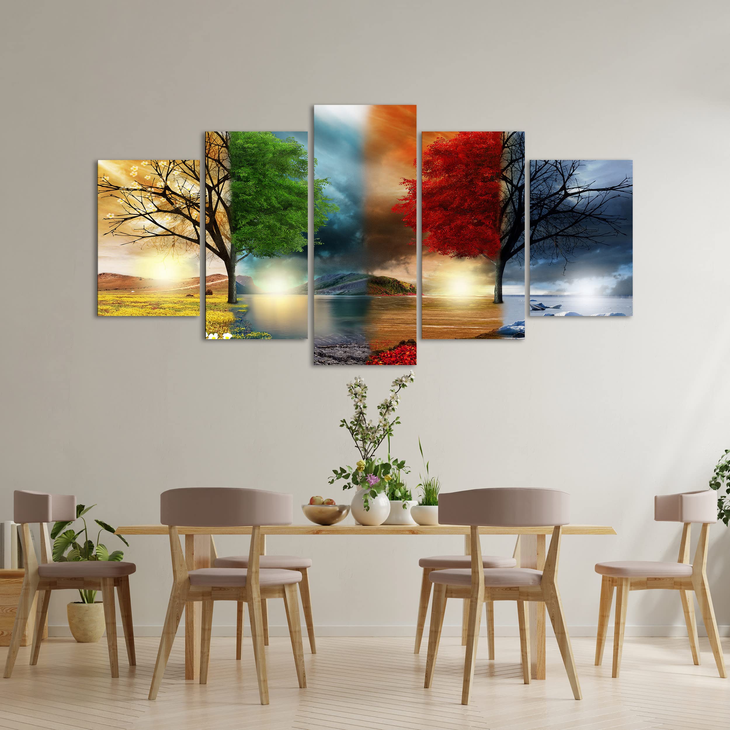 DekoArte - Cuadros Modernos Impresión Imagen Artística | 5 Piezas 200x100cm | Lienzo Decorativo Para Salón o Dormitorio | Estilo Paisaje Cuatro Estaciones del año Árboles Rojo XXL