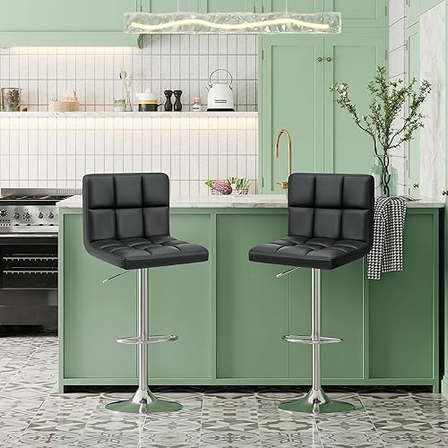Miniatura 7 de Furniwell Taburetes de bar modernos de piel sintética, giratorios, ajustables, sin brazos, altura de mostrador, taburete de bar giratorio de cuero