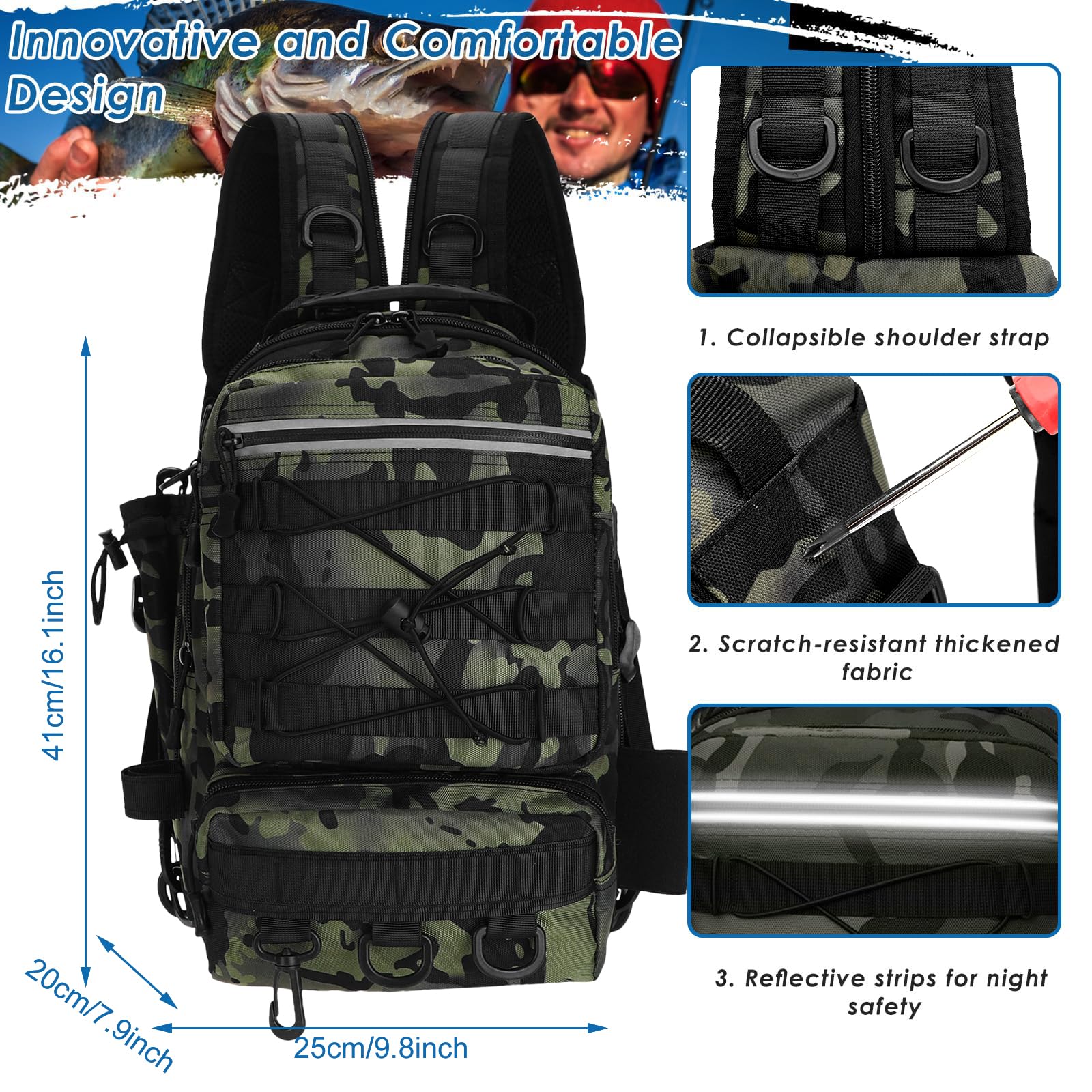 Mochila de Pesca, Bolsa de Pesca Mochila para Aparejos de Pesca con Soporte para caña Bolsas Almacenamiento Aparejos Impermeables Bolsa para Pesca Senderismo Caza Camping Deporte al Aire libr
