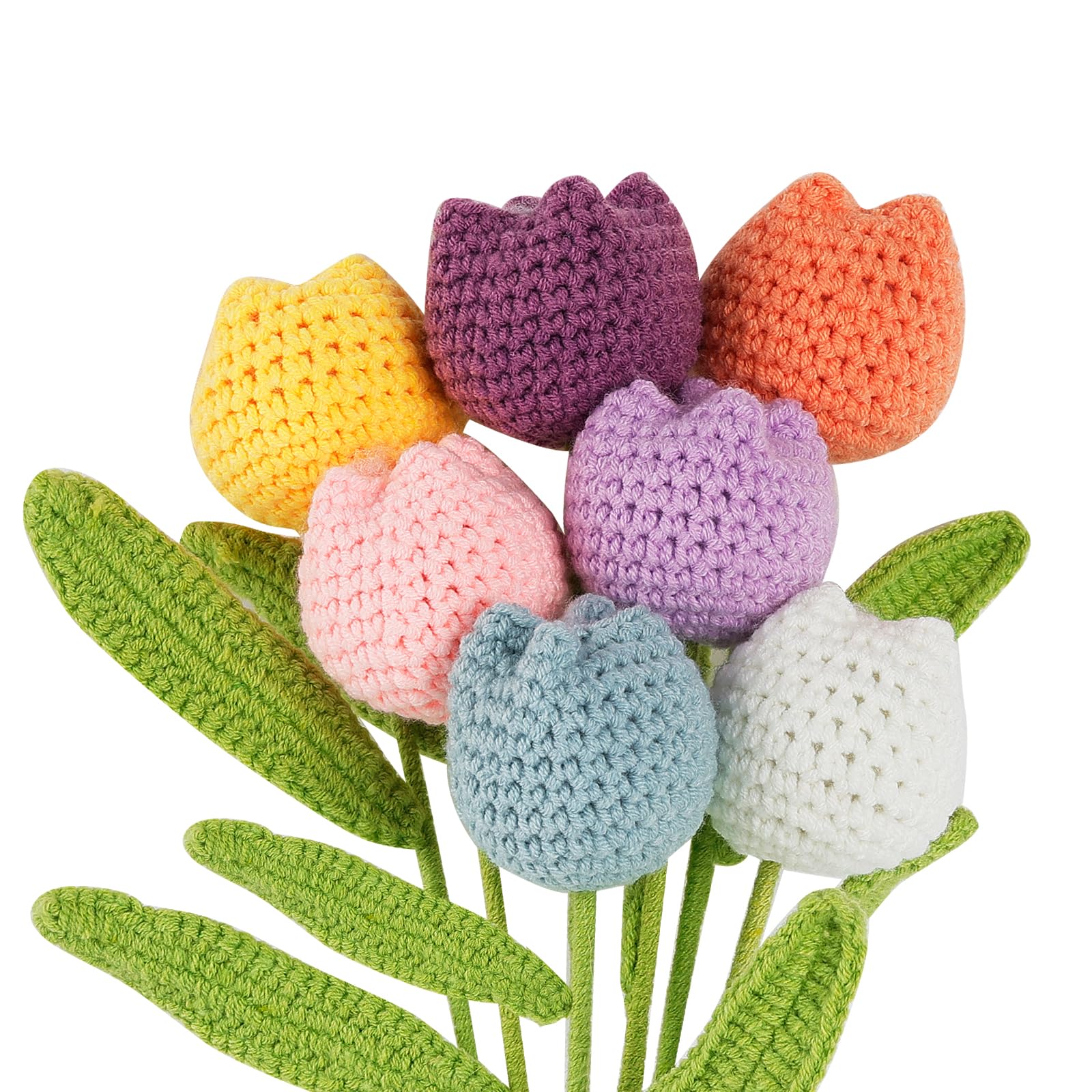 CHENGCKJ 7PCS Artificial Tulip Crochet Flowers Bouquet Handmade Knitted Flowers DIY Crocheted Tulipane Woven Floral for Home Decoration, Wedding Bouquet, Gift