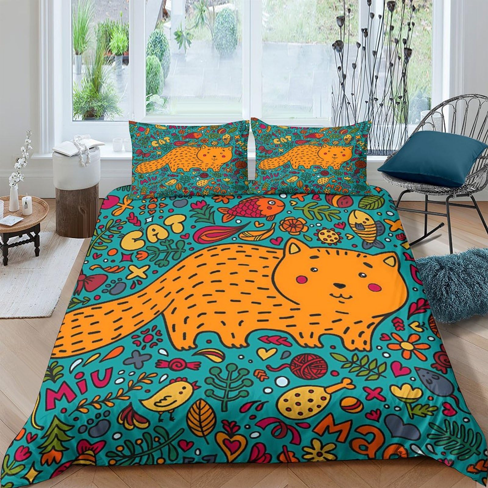 Housse de couette chat et poisson en microfibre premium avec taies d'oreiller douces